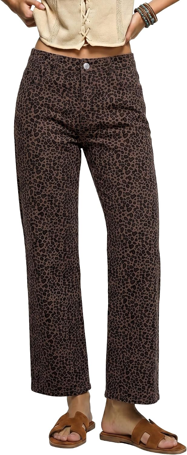 Detalle de luvamia Wide Leg Jeans for Women: High-Waisted Leopard Print Denim, Ankle-Length with Pockets
