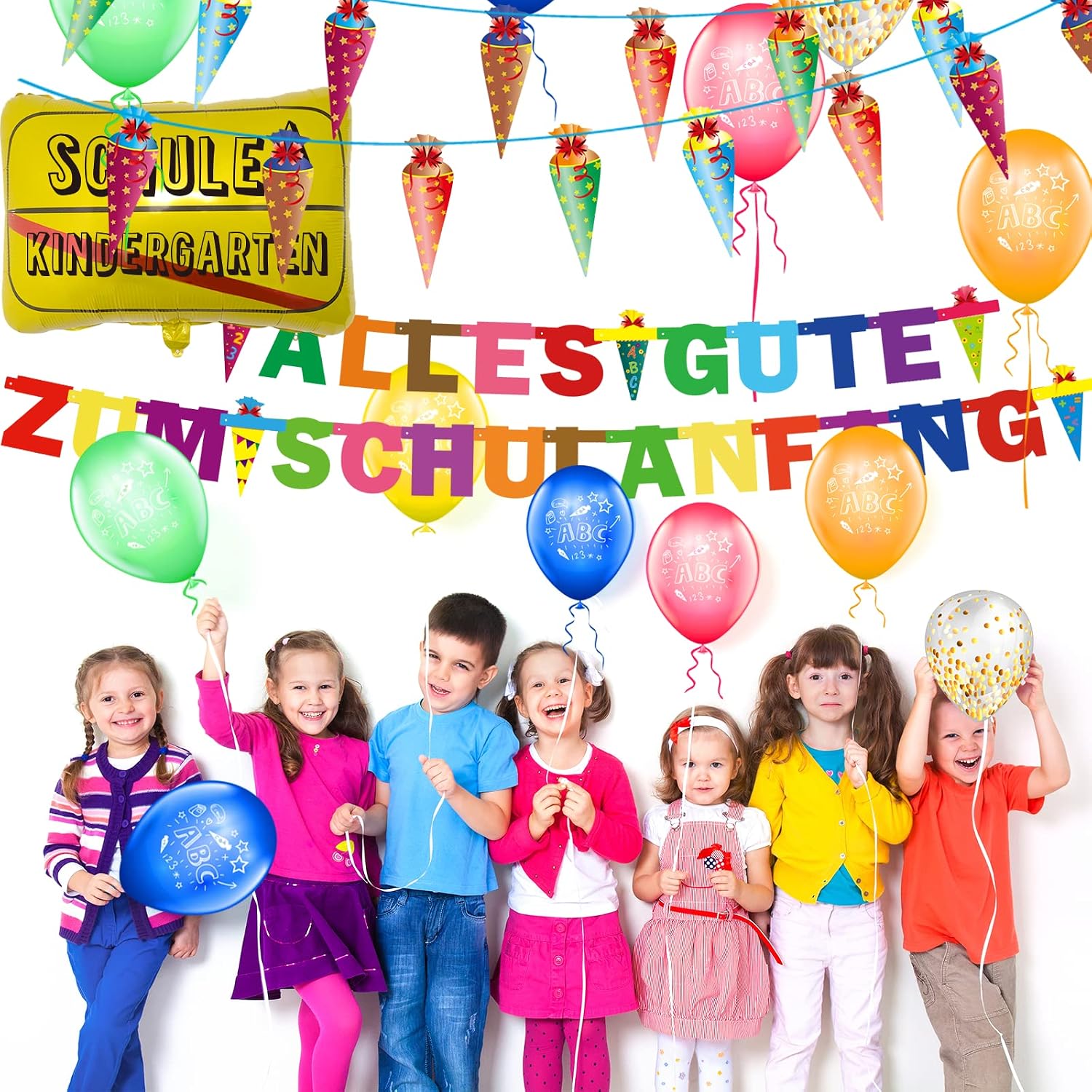 Detalle de Einschulung Deko-Set: Alles Gute Zum Schulanfang mit Banner, Girlande und Ballons – inklusive ABC/123 Motiven