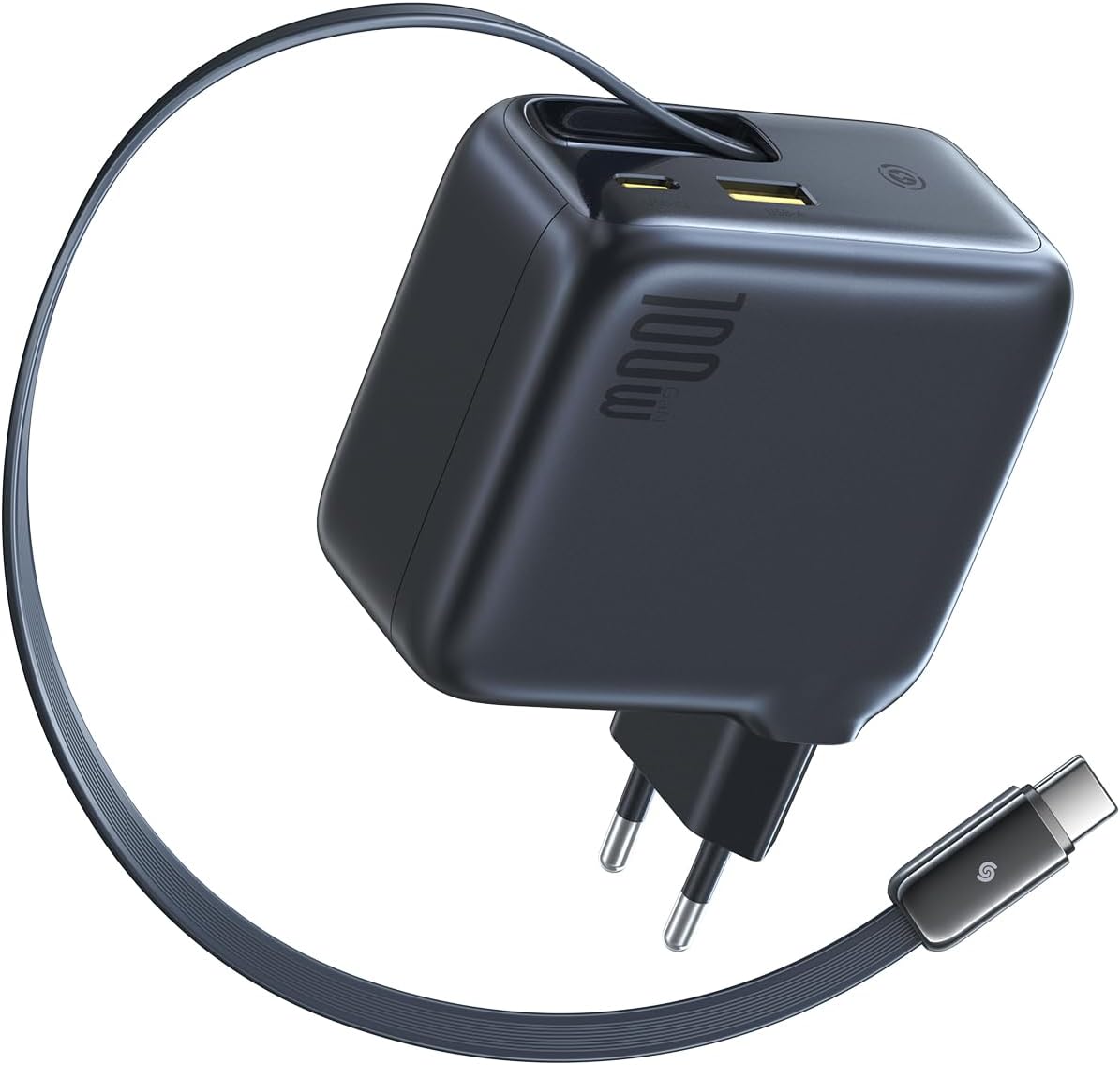 Detalle de Baseus Enercore USB-C 100W Ladegerät mit ausziehbarem Kabel und 3 Ports – GaN, kompakt und intelligentes Laden