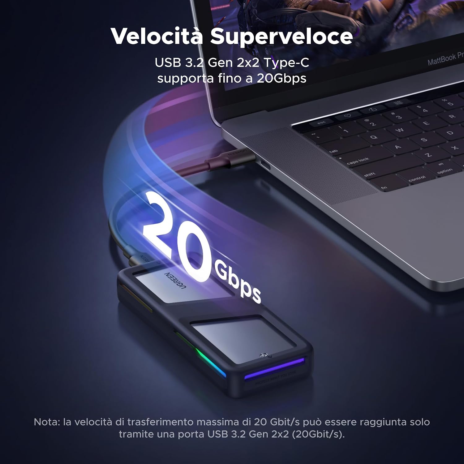 Thumbnail 1 de UGREEN Enclosure SSD M.2 NVMe/SATA 20Gbps RGB: case esterno USB-C 3.2 Gen2x2 per 2230–2280