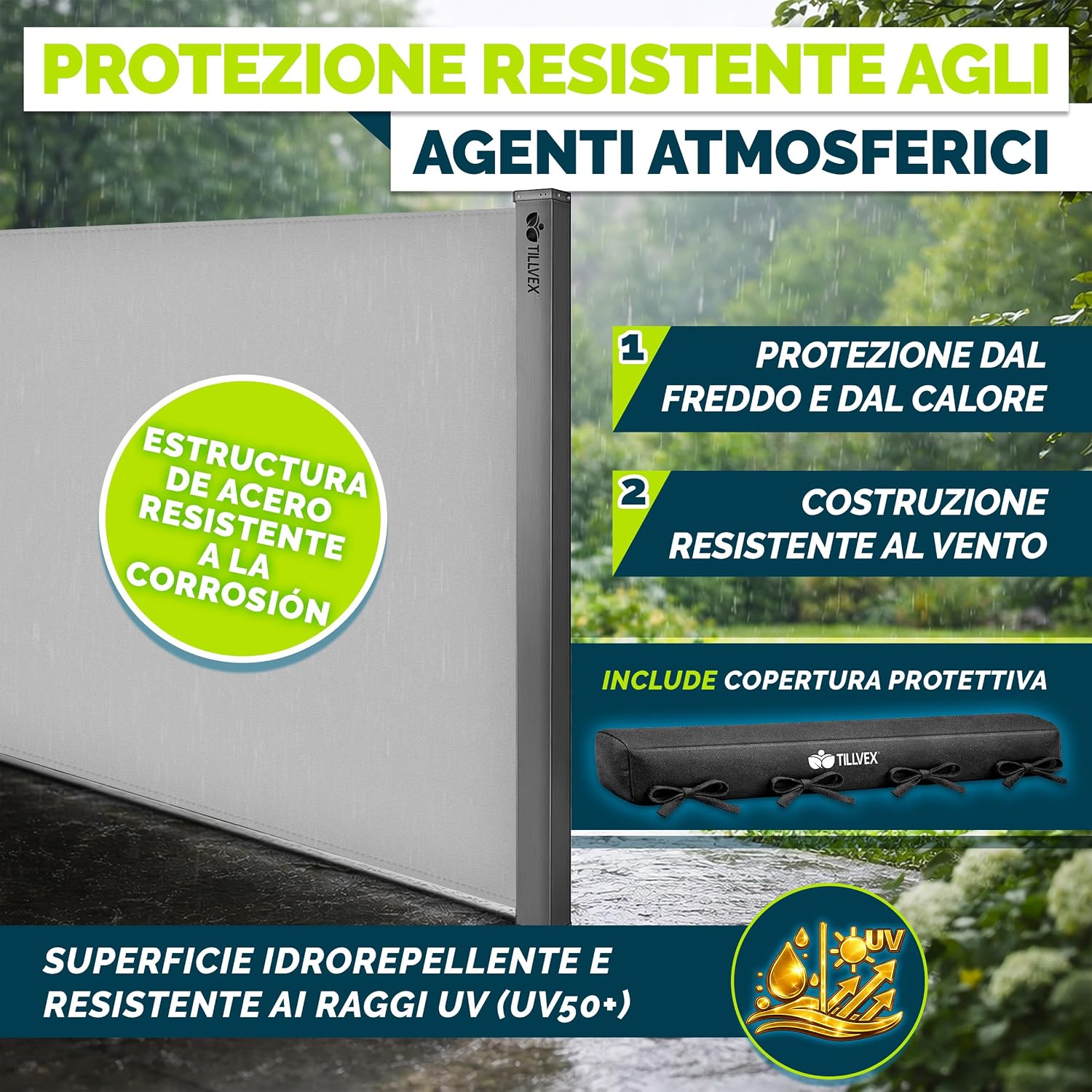 Detalle de tillvex® Tenda laterale estensibile e oscurante 200 x 400 cm — protezione solare, privacy e anti-vento per balcone, giardino e terrazzo
