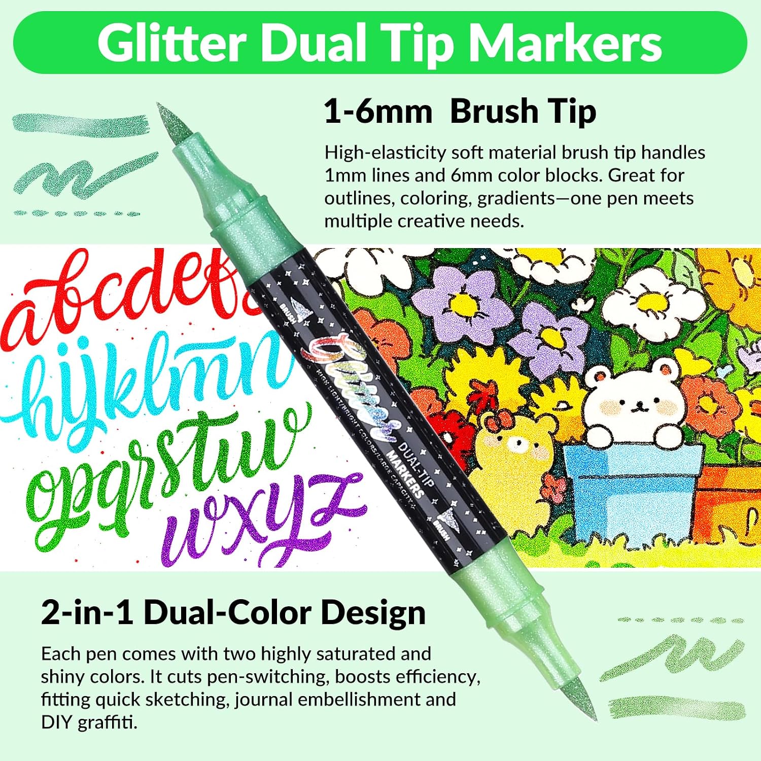 Detalle 2 de KEMYR Glitter Brush Marker Pens (72 dual-tip metallic sparkle colours)