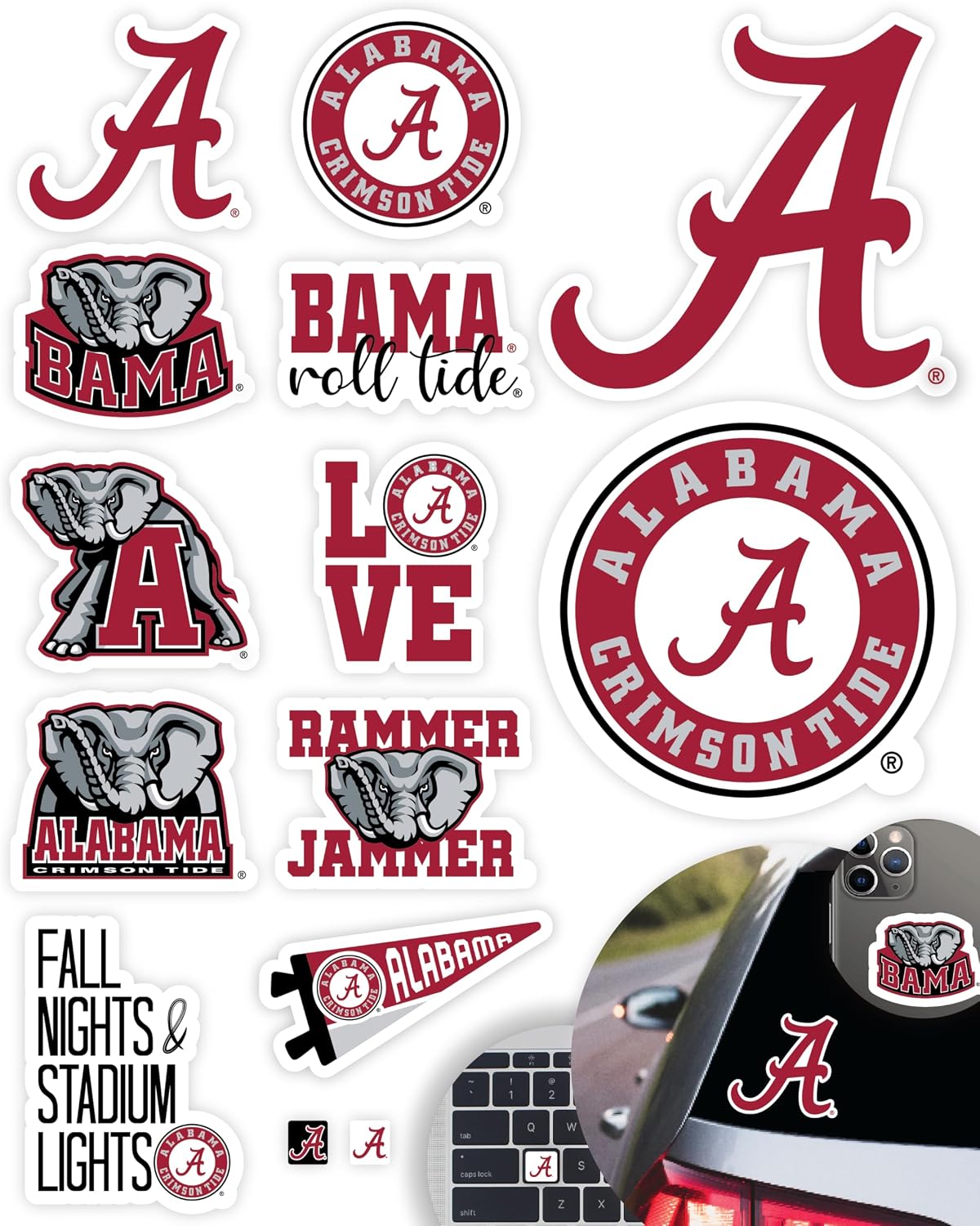 Alabama Crimson Tide 14-Piece Stickers & Decals Set for Car & Water Bottle