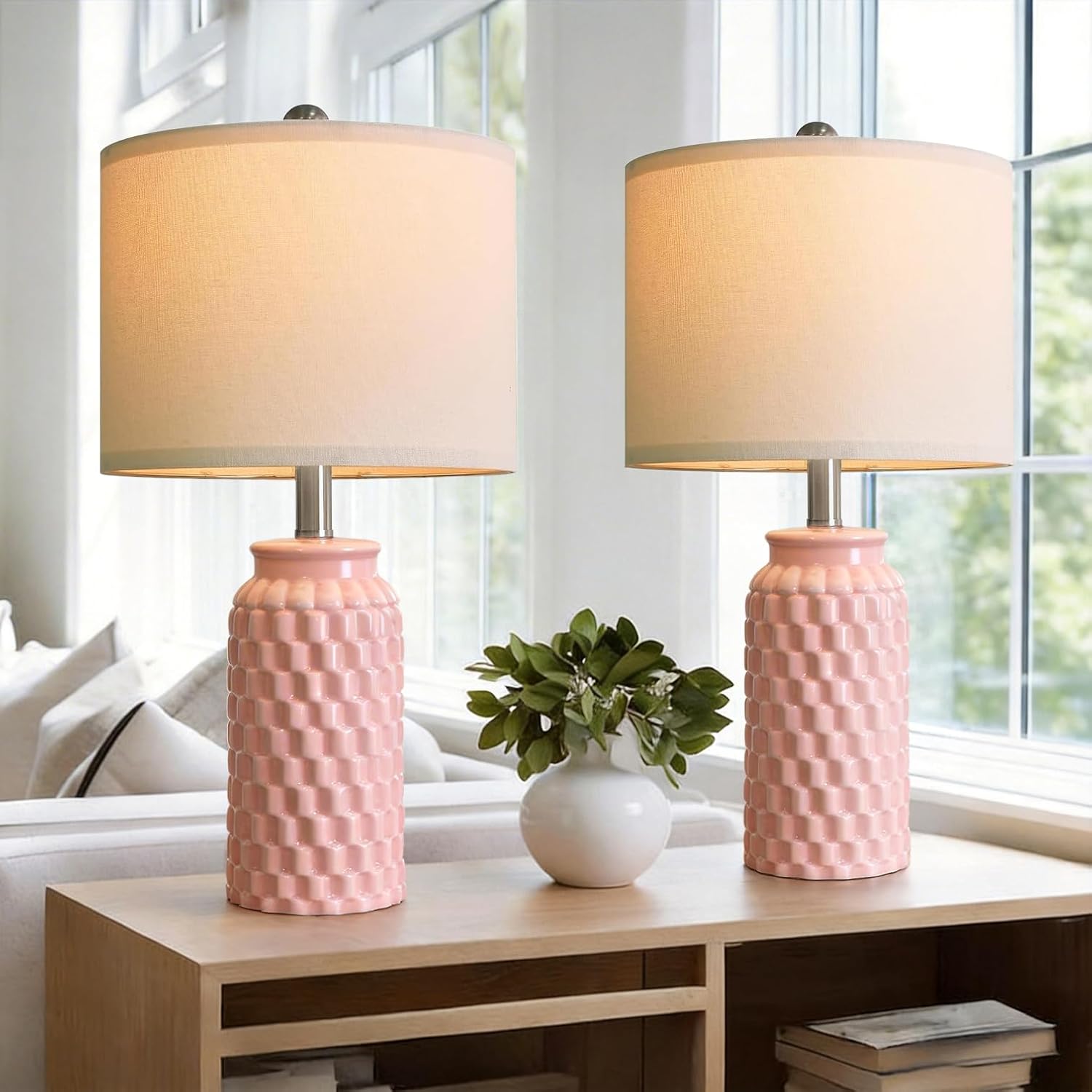 Detalle de USumkky 1092 Pink Ceramic Table Lamps, Set of 2, 20.5-Inch with Linen Shades