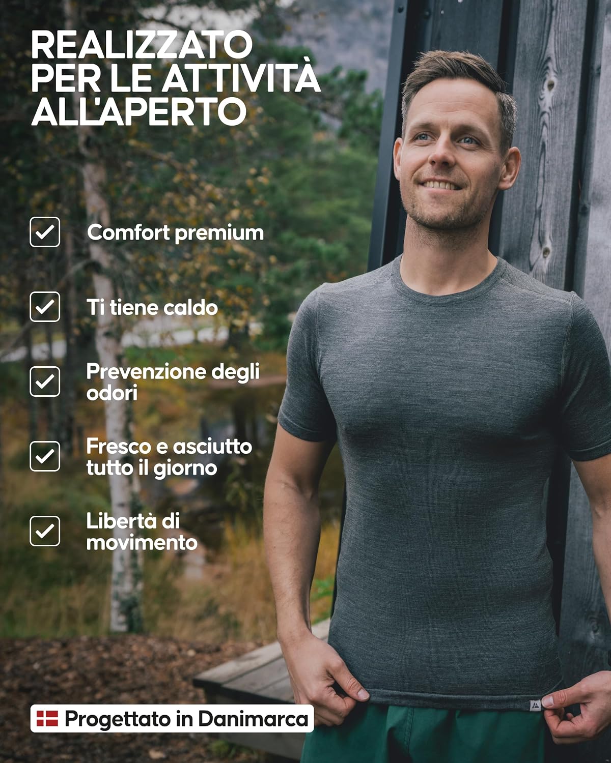 Detalle de DANISH ENDURANCE Maglietta Termica Uomo Lana Merino: manica corta, comfort e versatilità per outdoor