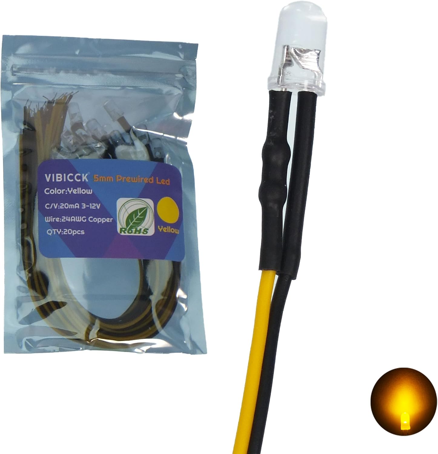 Detalle de VIBICCK 5mm Yellow Pre-Wired LED Lights, 20-Pack, DC 12V, Clear Lens