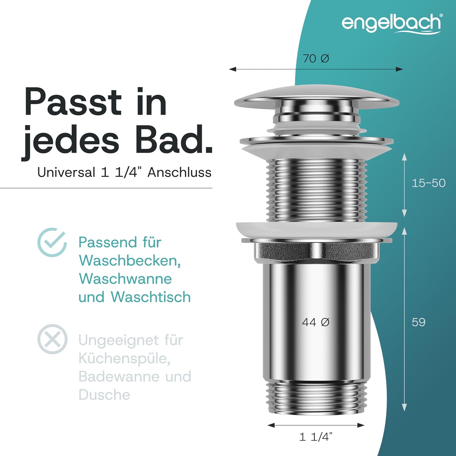Detalle de Engelbach Universal Waschbecken Ablaufgarnitur – Pop-up Click-Clack Ablaufventil 1 1/4" ohne Überlauf