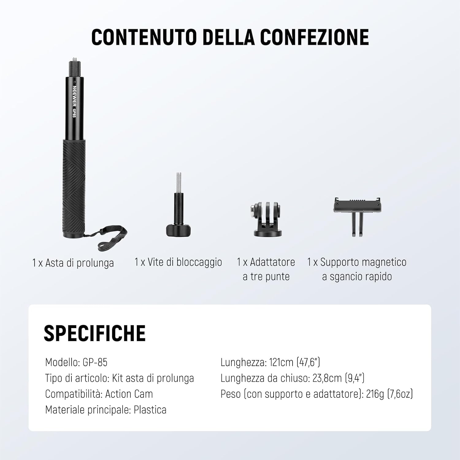 Thumbnail 6 de NEEWER GP-85 Kit asta di prolunga per action cam con selfie stick invisibile 121 cm e supporto magnetico a sgancio rapido