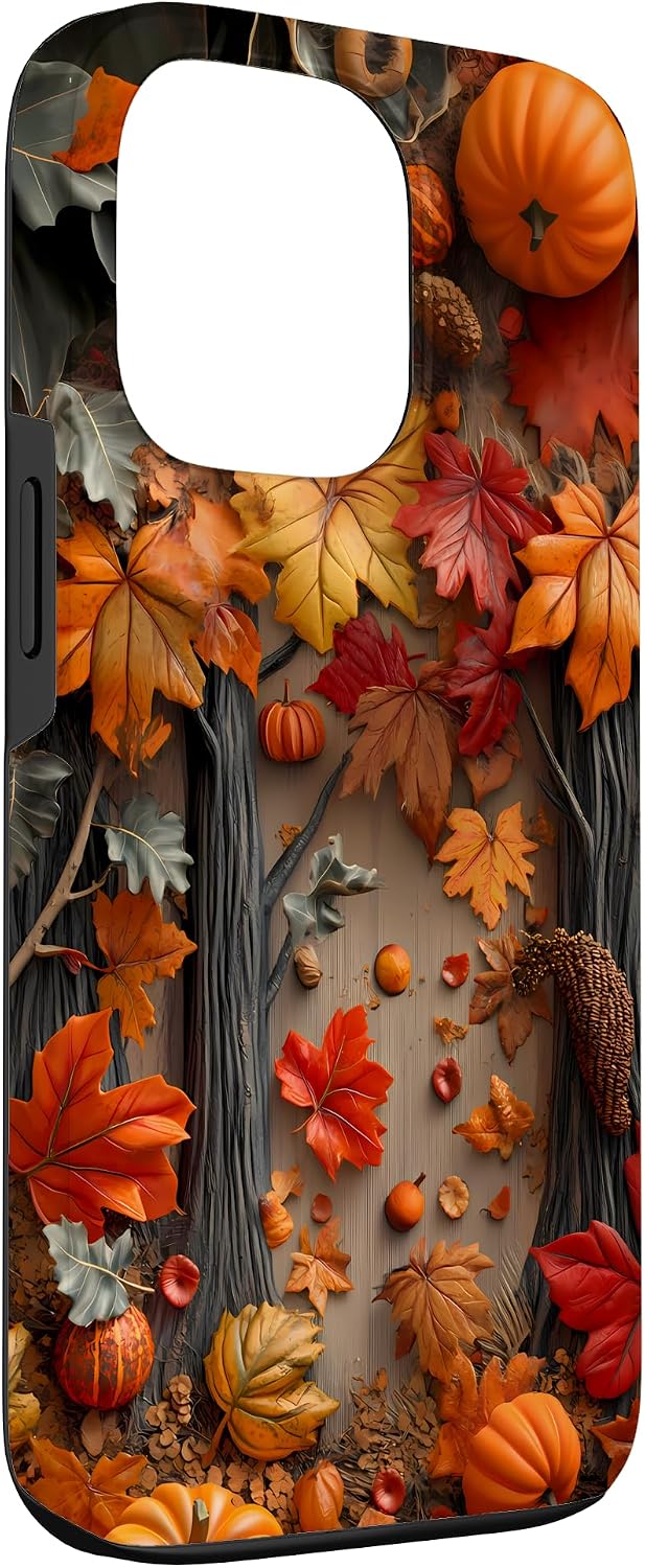 Detalle de Cozy Autumn Vibes iPhone 13 Pro Case with Fall Leaves and Pumpkin Design