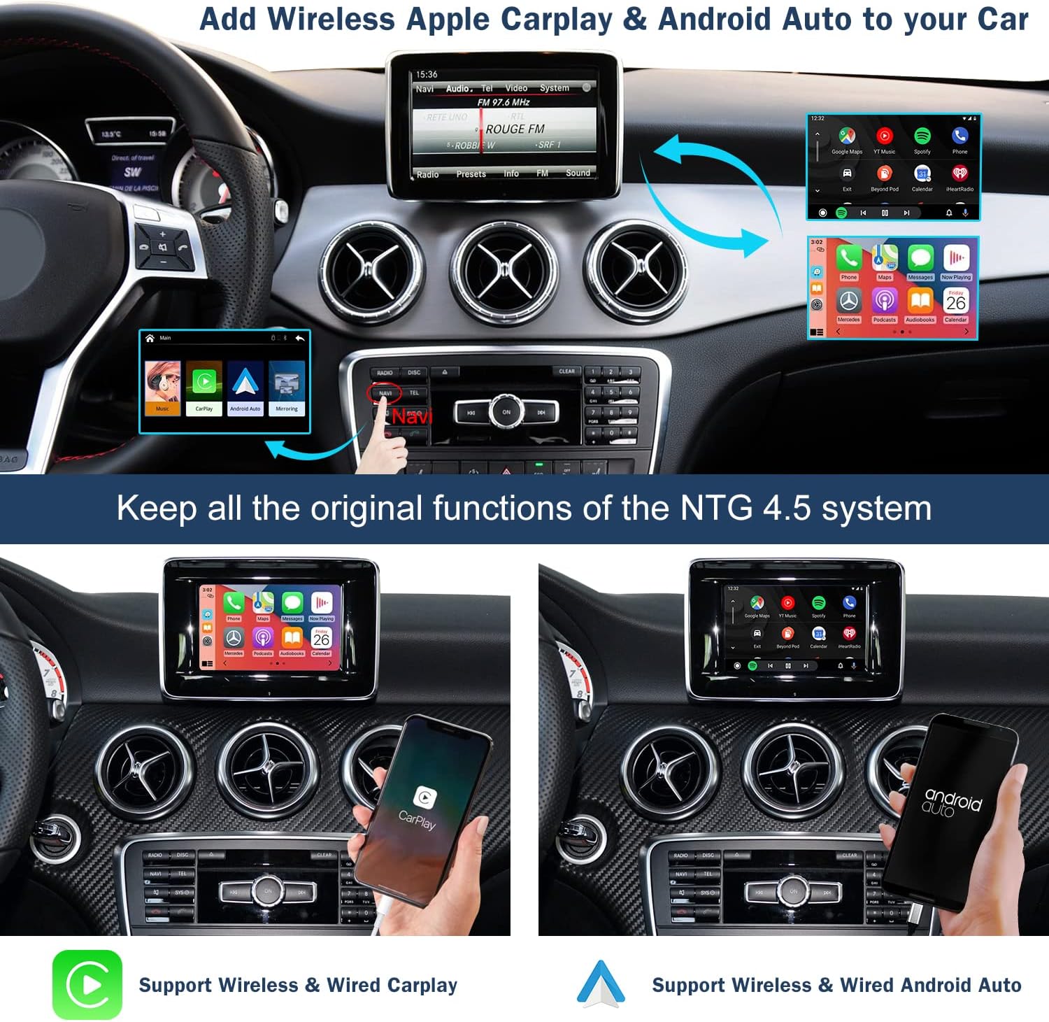 Detalle de Road Top Wireless CarPlay Adapter for Mercedes-Benz (NTG4.5) with Harman Becker Slot