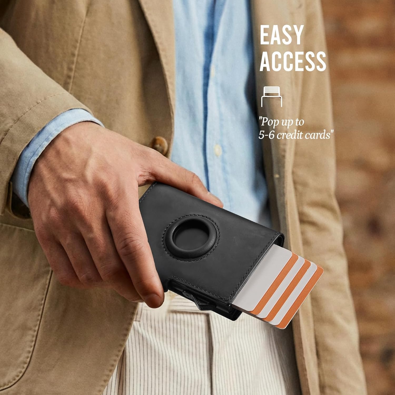 Detalle de YESIIW Porte Carte Airtag en cuir véritable – Pop-up, RFID et emplacement AirTag
