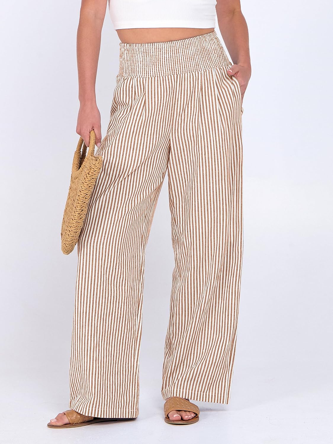 Detalle de ANRABESS Striped Gingham Palazzo Pants — Wide-Leg, Smocked High-Waisted Pajama/Lounge Pants with Pockets