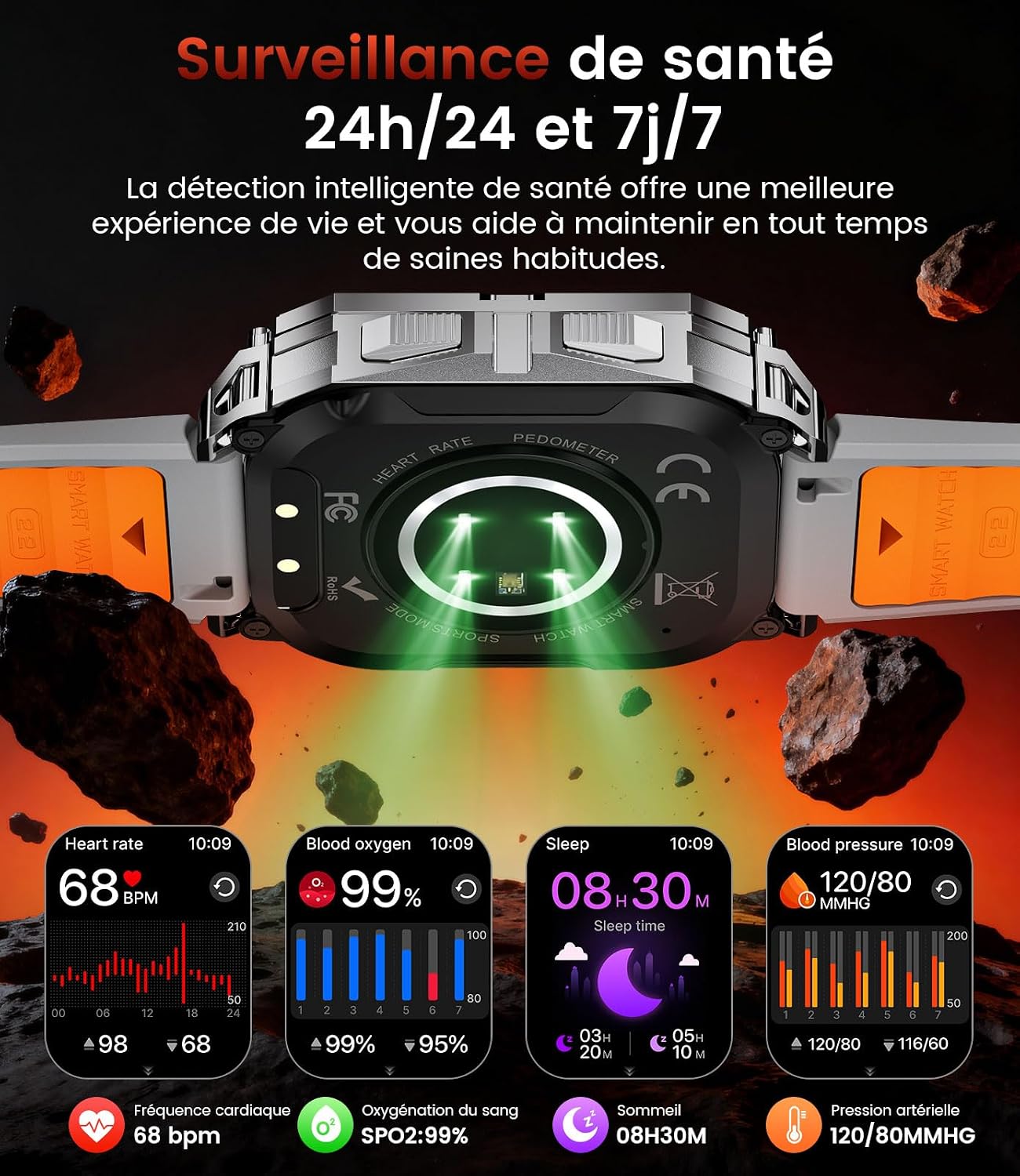 Detalle 2 de Montre connectée homme militaire 2,01" HD avec Bluetooth, fréquence cardiaque et IP68 (argent)