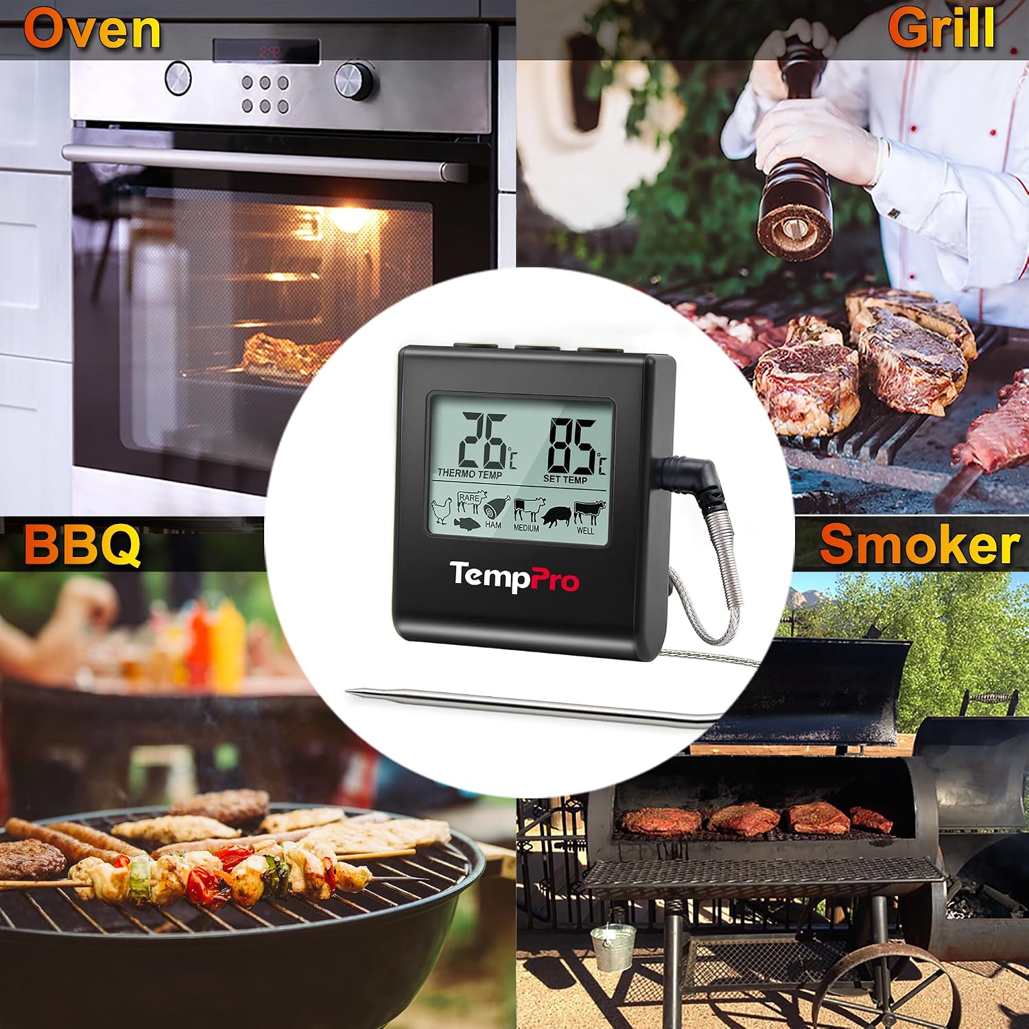 Thumbnail 5 de TempPro Digitales Fleischthermometer – Bratenthermometer mit Fühler, Ofenthermometer, Timer, Alarm, Schwarz