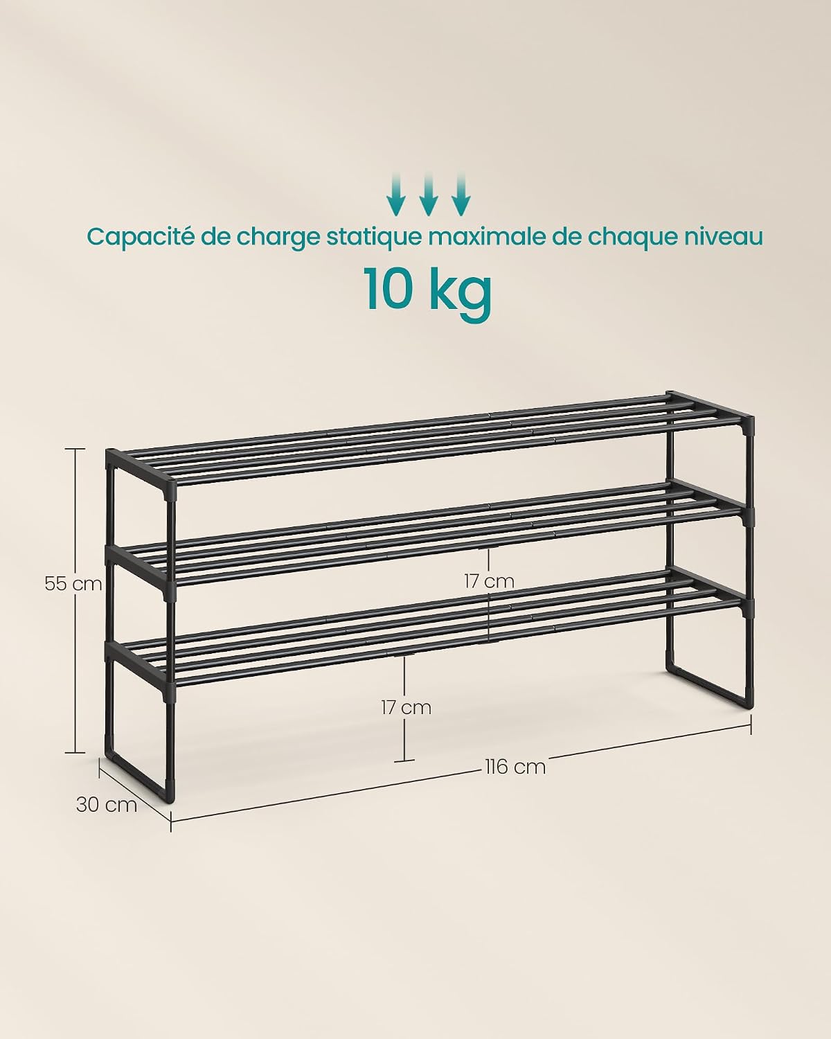 Detalle 2 de SONGMICS DEKY LSA033B01 schoenenrek, stapelbaar, 3 niveaus, 116 cm breed