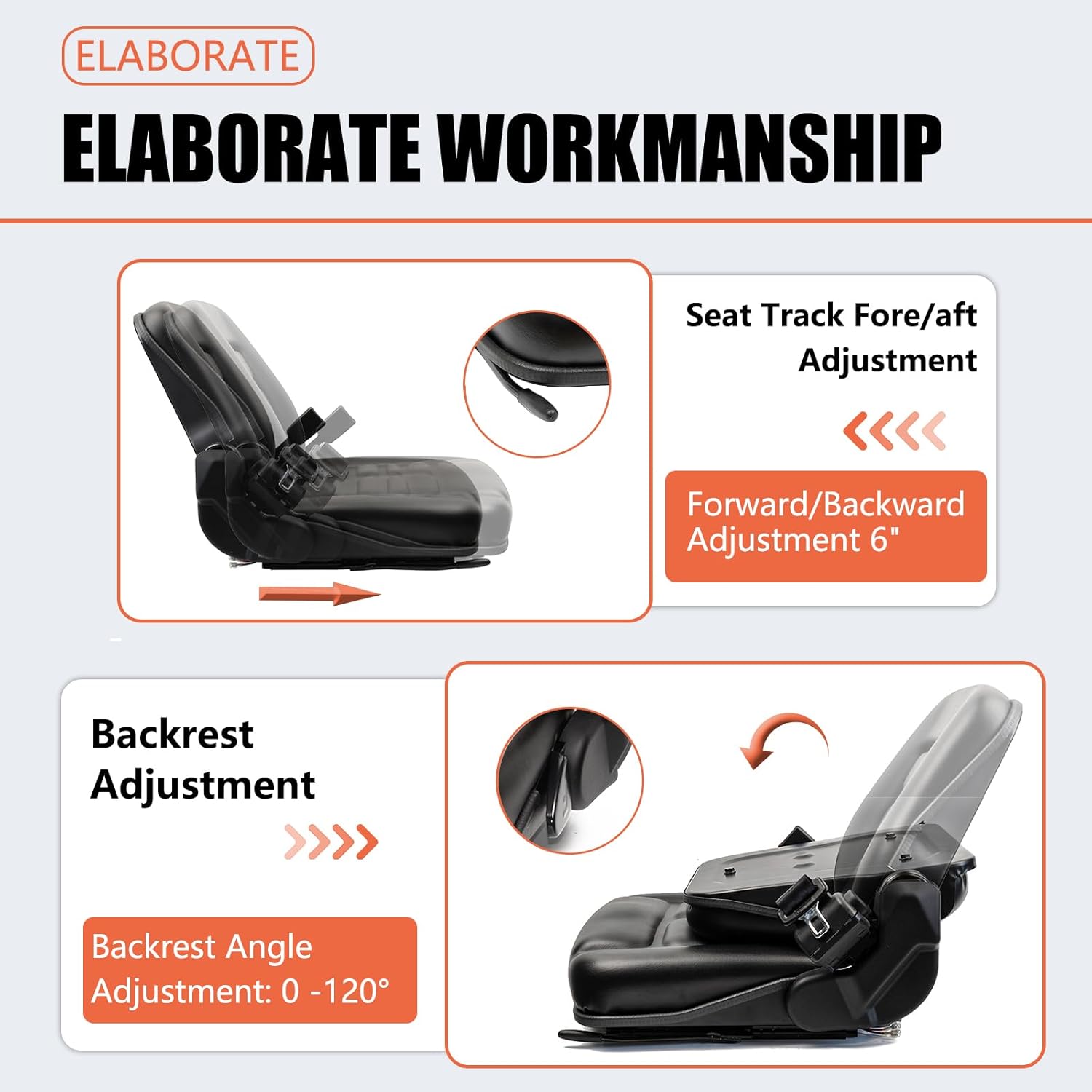 Detalle 2 de TICSEA Universal Forklift Seat — Adjustable Operator Seat with Safety Belt and Position Switch