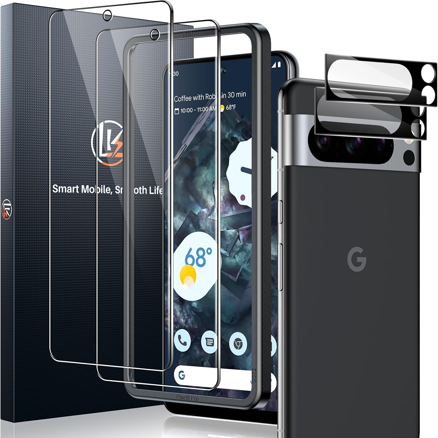 Detalle de LK 2+2 Pack Screen Protector for Google Pixel 8 Pro (2 tempered glass screen protectors + 2 camera lens protectors)
