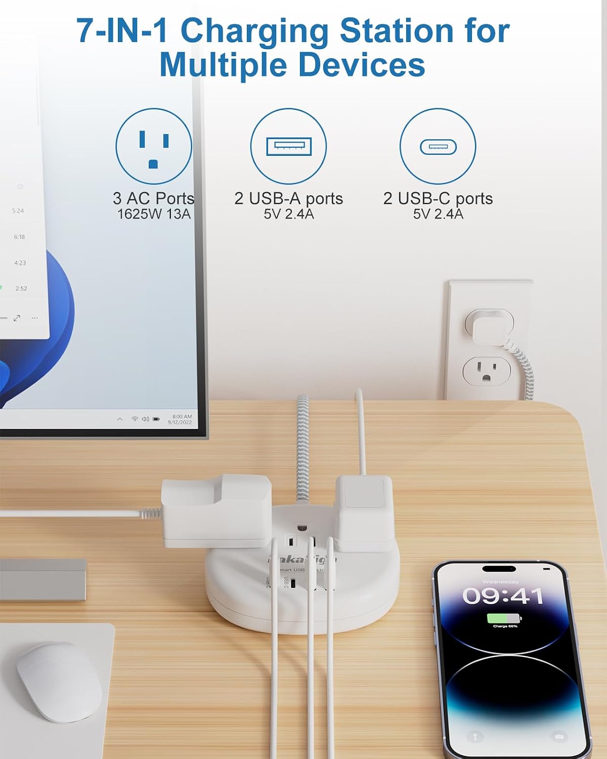 Detalle 1 de kakahigh 771 Power Strip with 3 AC Outlets, 4 USB Ports and USB-C