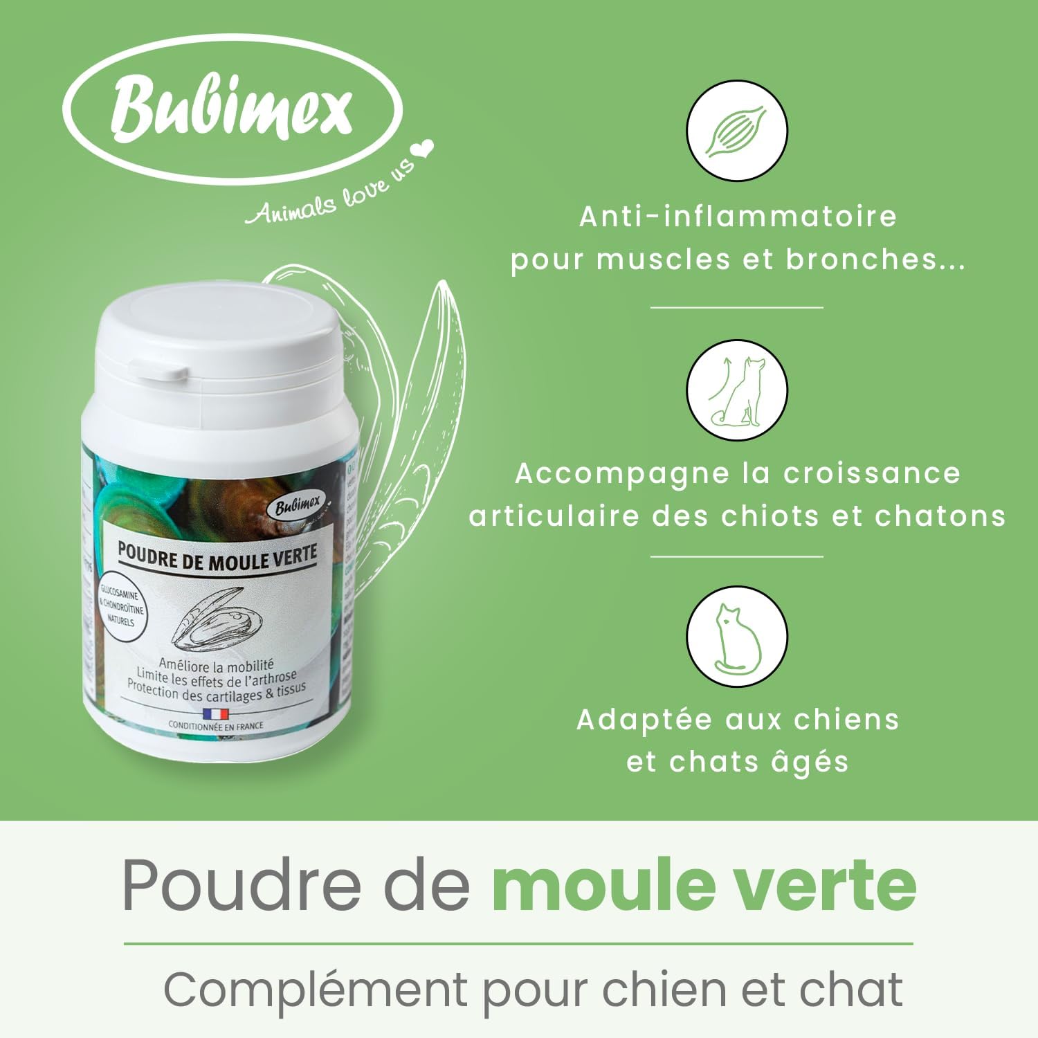 Detalle 2 de BUBIMEX Poudre de Moules Vertes – Bien-Être Articulaire pour chien et chat (60 g)