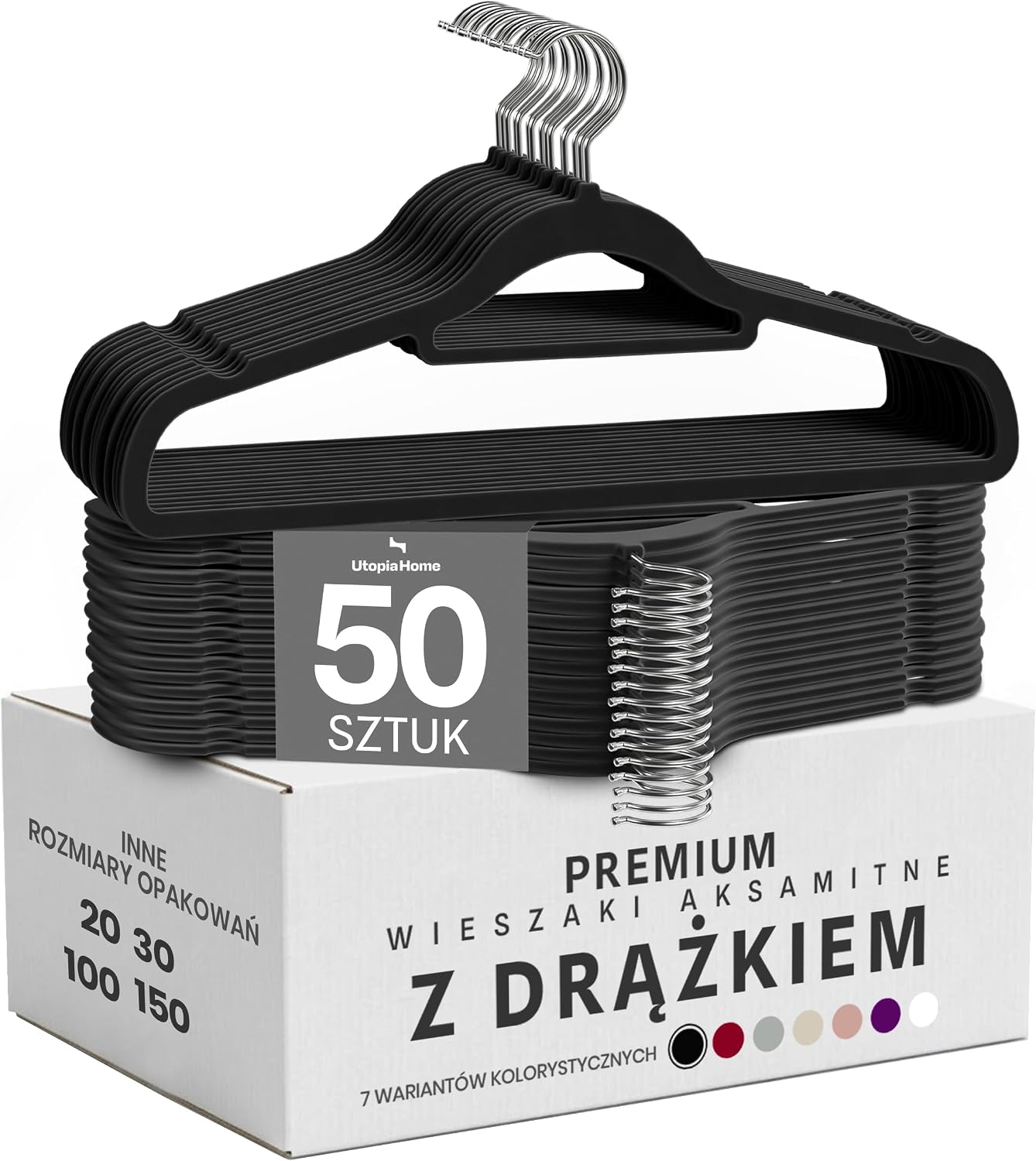 Detalle de Utopia Home Premium – czarne wieszaki aksamitne, 50 szt., antypoślizgowe, haczyk 360°