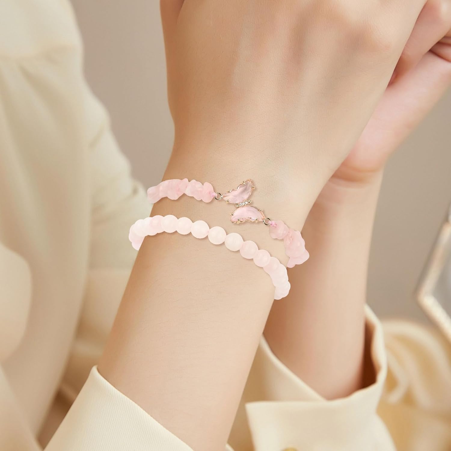 Thumbnail 2 de Rosenquarz Armband Schmetterling 8mm Verstellbar
