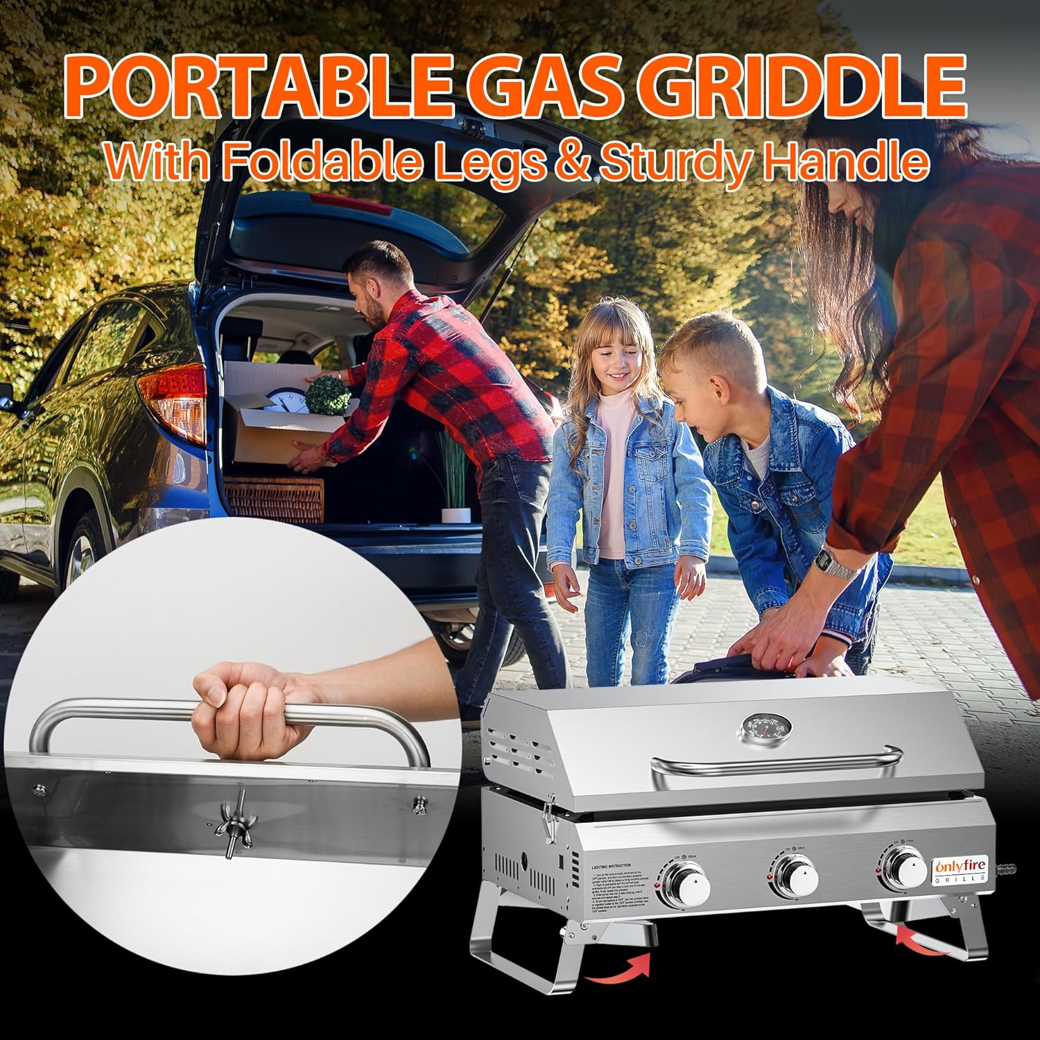 Thumbnail 5 de Onlyfire 3-Burner Gas Griddle portable tabletop with ceramic non-stick plancha, lid & thermometer