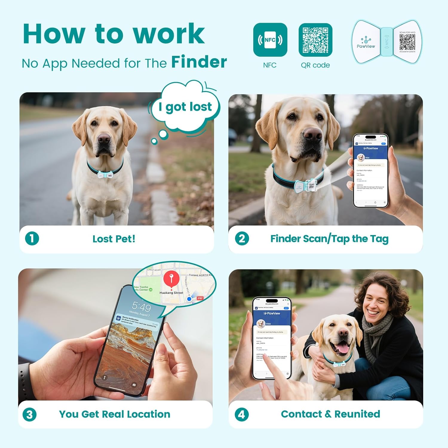 Detalle de Bow Tie Blue QR Code Dog ID Tag UK with NFC — Waterproof Silicone, No Subscription