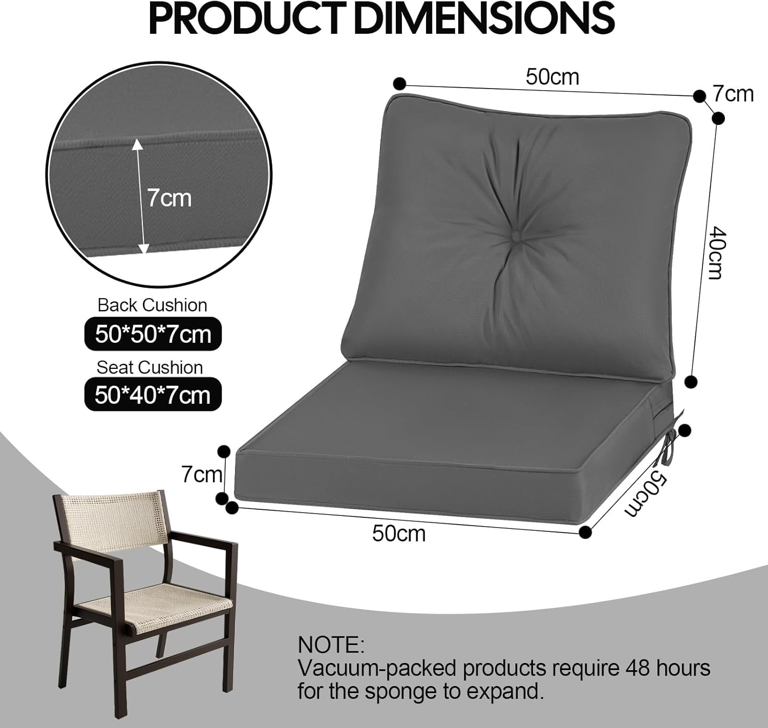 Thumbnail 1 de PRIMEPATIO 50 x 50cm Dark Grey 7cm Waterproof Outdoor Chair Cushion with Backrest