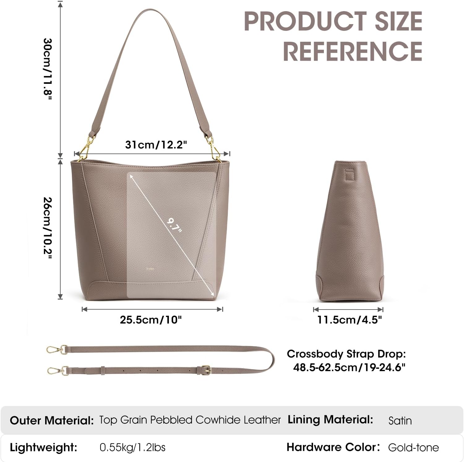 Detalle de Kattee Leather Crossbody for Women: Two-Strap Shoulder Bucket Bag in Top Grain Cowhide
