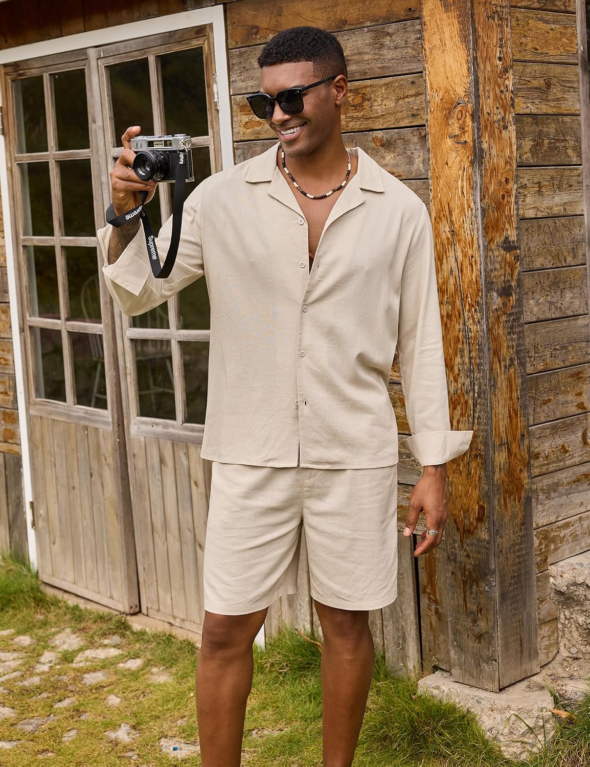 Detalle 2 de URRU Men's Linen-Blend Shirt and Shorts Set