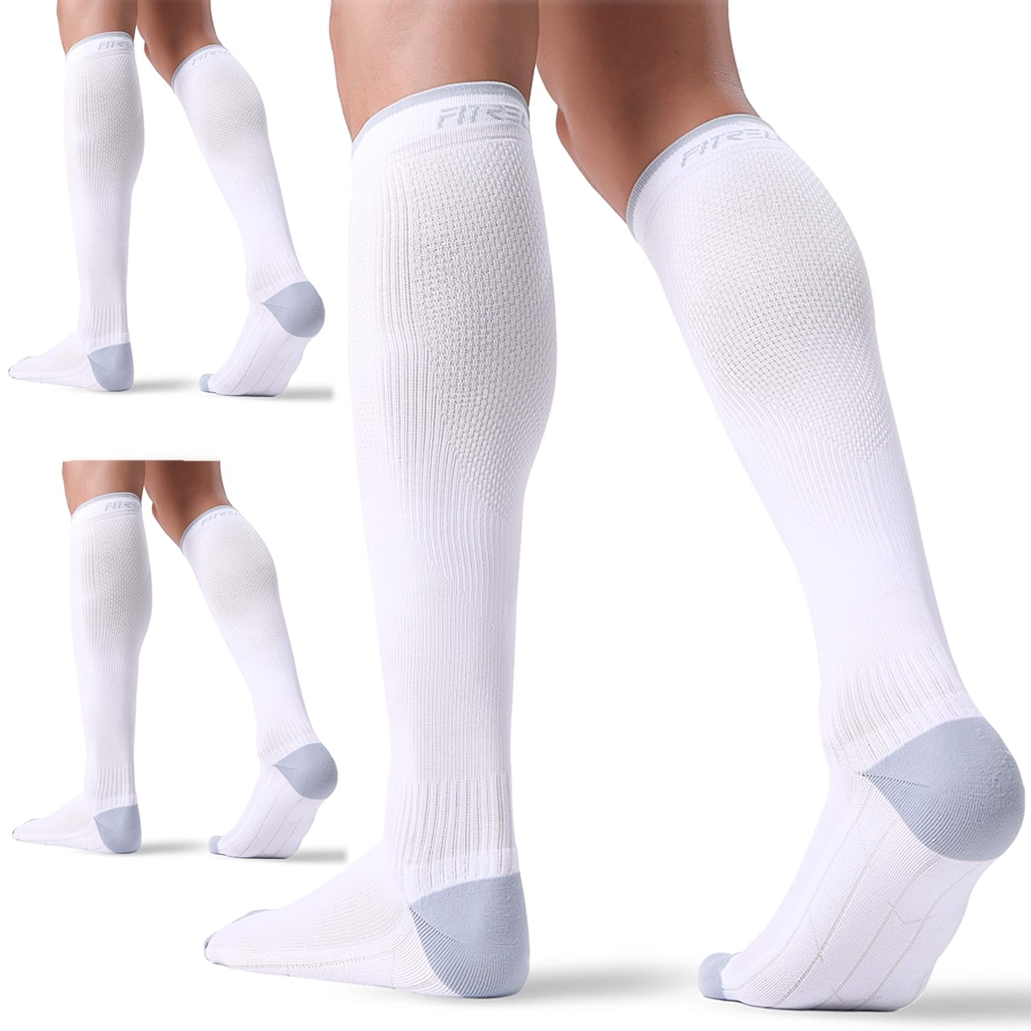 Detalle de FITRELL Compression Socks for Women and Men, 20-30 mmHg, Knee-High, White, Small-Medium