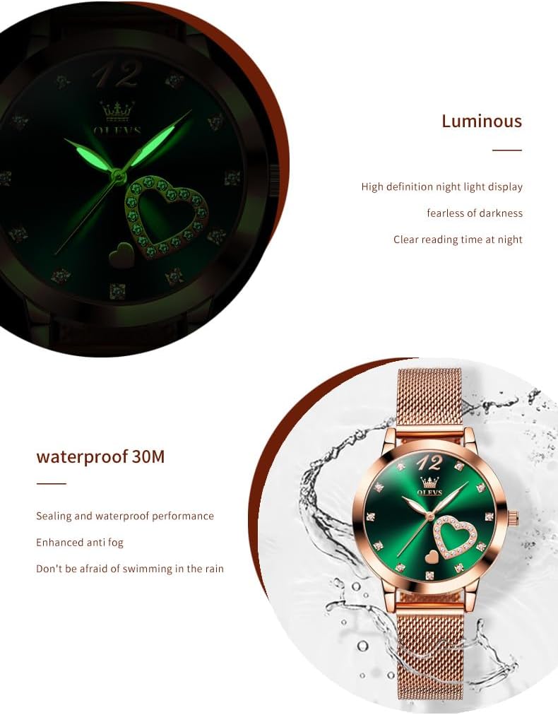 Detalle de OLEVS Femmes Montre Luxe Or Rose Ultra-Mince avec bracelet maille inox étanche 30 m