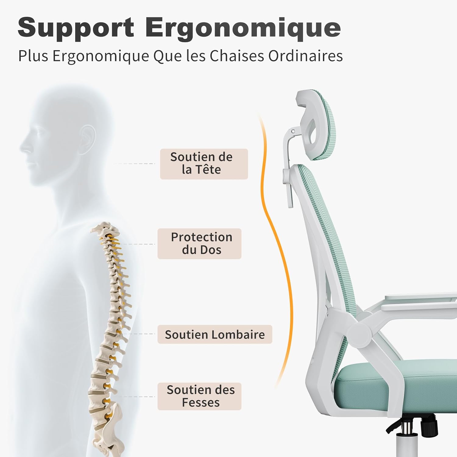 Thumbnail 4 de naspaluro Chaise de bureau ergonomique à accoudoirs rabattables, appui-tête réversible et dossier soutien lombaire