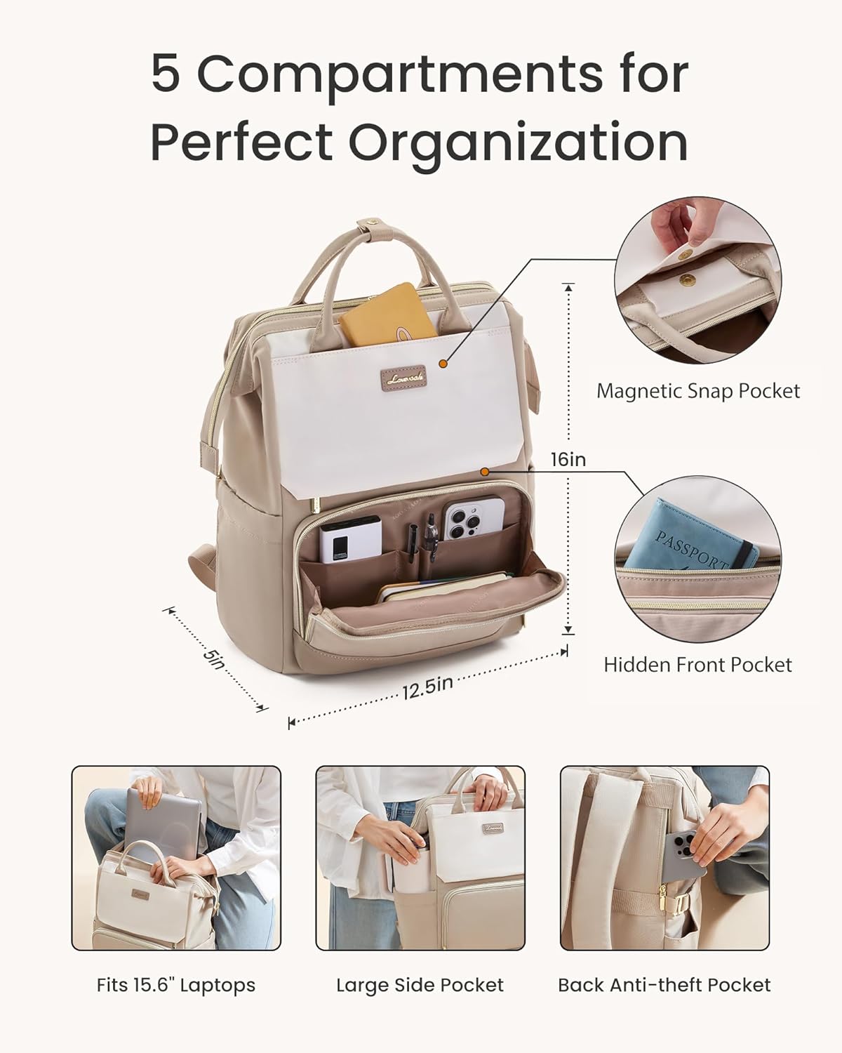 Detalle 2 de LOVEVOOK Rucksack Damen für 15,6" Laptop – Schulrucksack mit Trinkflaschen-Fach und offenem Hauptfach