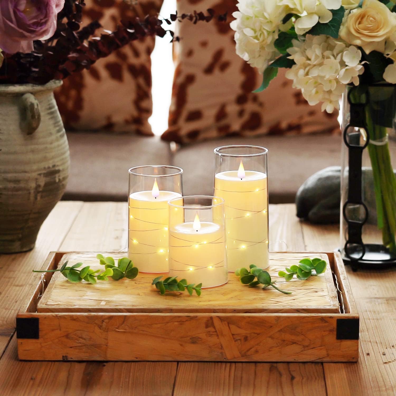 Thumbnail 6 de Homemory Ivory White Flameless Candles with 3D Flame and Fairy Lights (Set of 3)