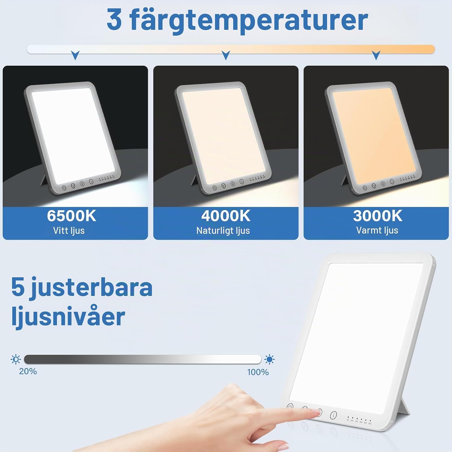 Detalle de OHFAMO ljusterapilampa med 10 000 lux, tre färgtemperaturer och timer