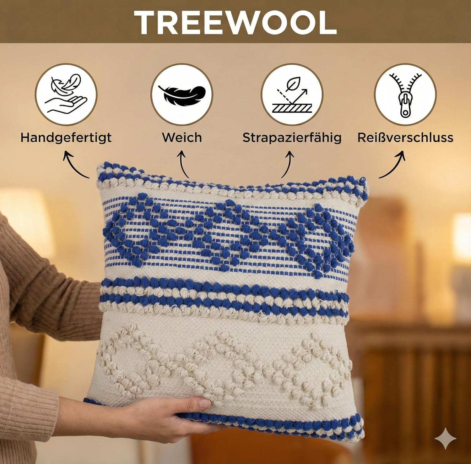 Thumbnail 1 de TreeWool Baumwoll-Kissenbezug im Boho-Stil (45 x 45 cm) – Königsblau & Naturcreme, 1 Stück, ohne Füllung