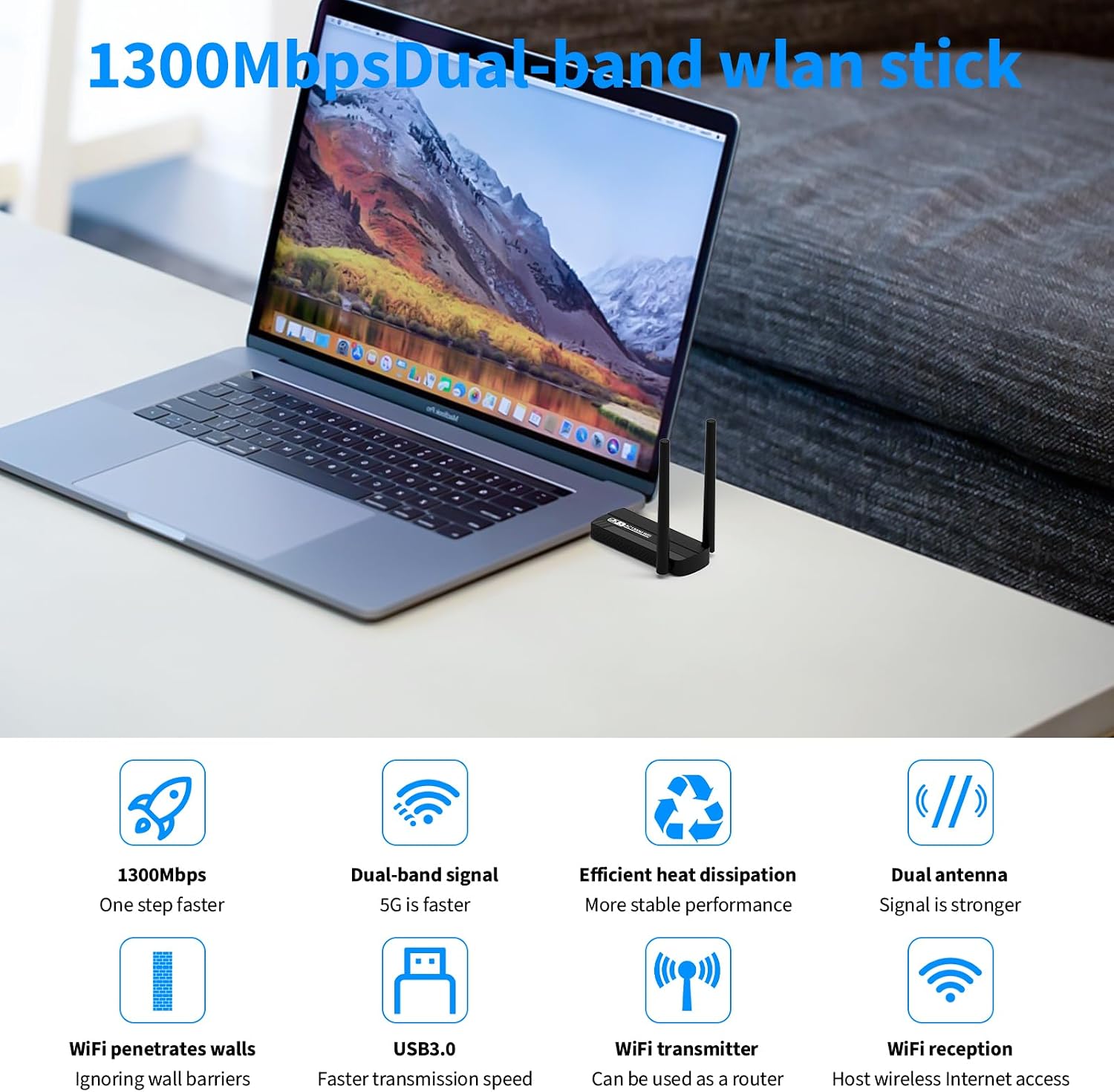 Detalle de USB WLAN Stick Adapter für PC – 1300 Mbps, USB 3.0, Dual Band 2.4/5.8 GHz mit 2x5 dBi Antennen