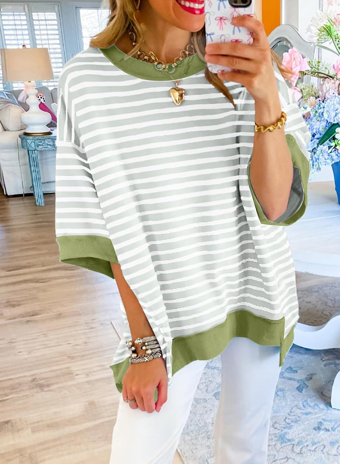 Detalle 2 de SHEWIN Womens Casual Short Sleeve Striped Crewneck Sweatshirt Top