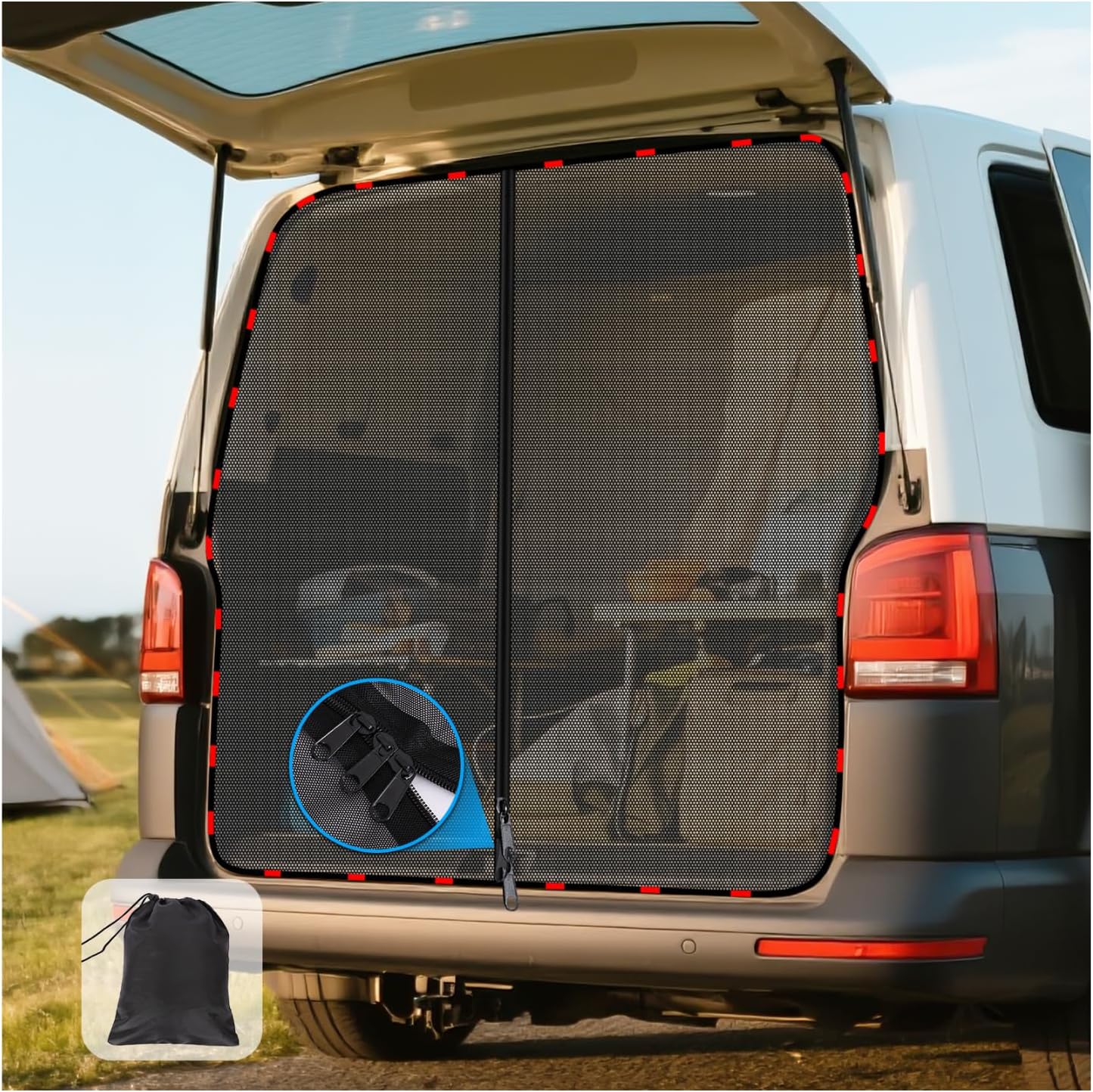 Detalle de ZATOOTO Mosquito Net Zip for VW T5/T6 Tailgates – Magnetic, 3-zip Rear Boot Shade for Camping