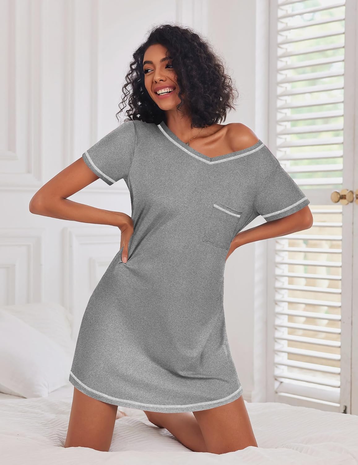 Detalle 2 de Ekouaer 3-Pack Women's Short-Sleeve V-Neck Nightgowns with Chest Pocket