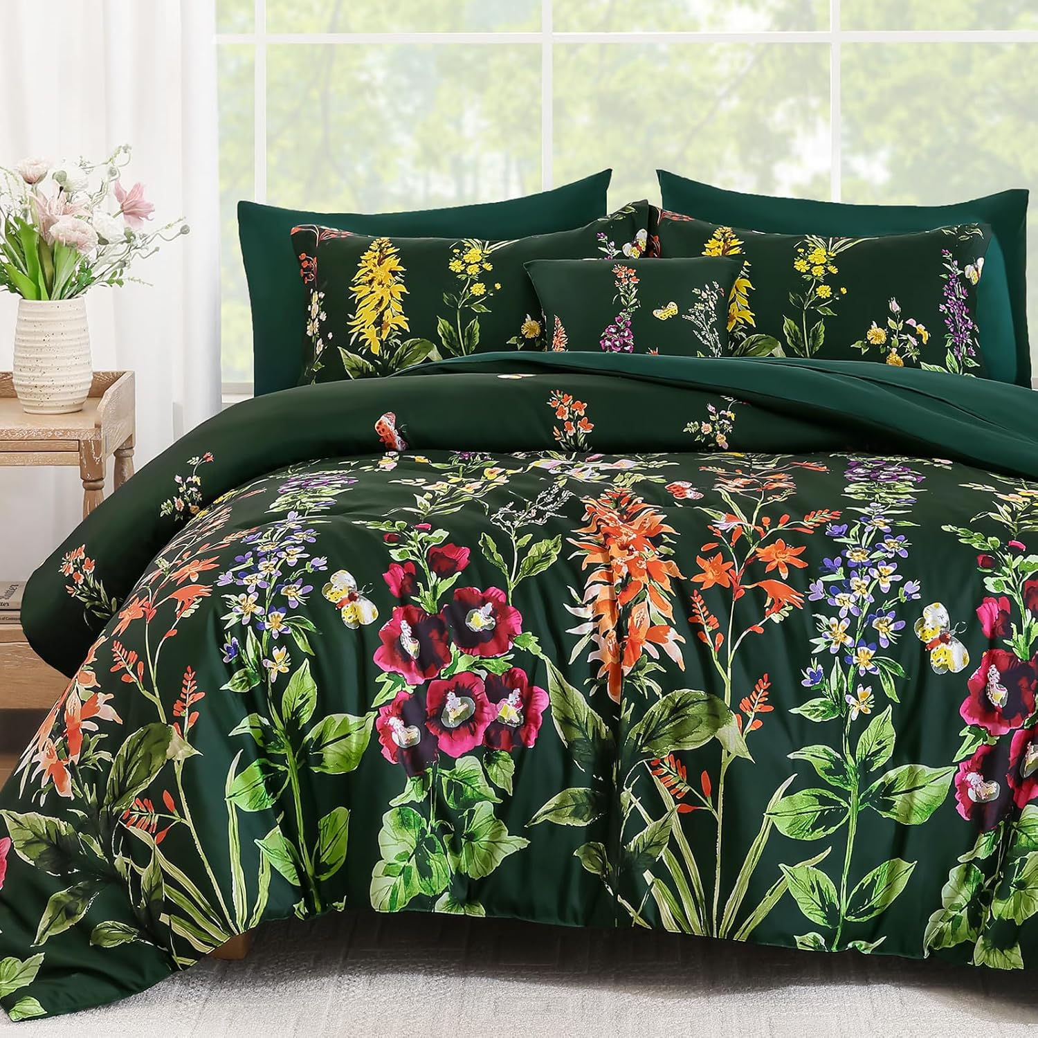 Detalle de WONGS BEDDING Floral Comforter Set Queen Size – 8-Piece Botanical Reversible Bedding