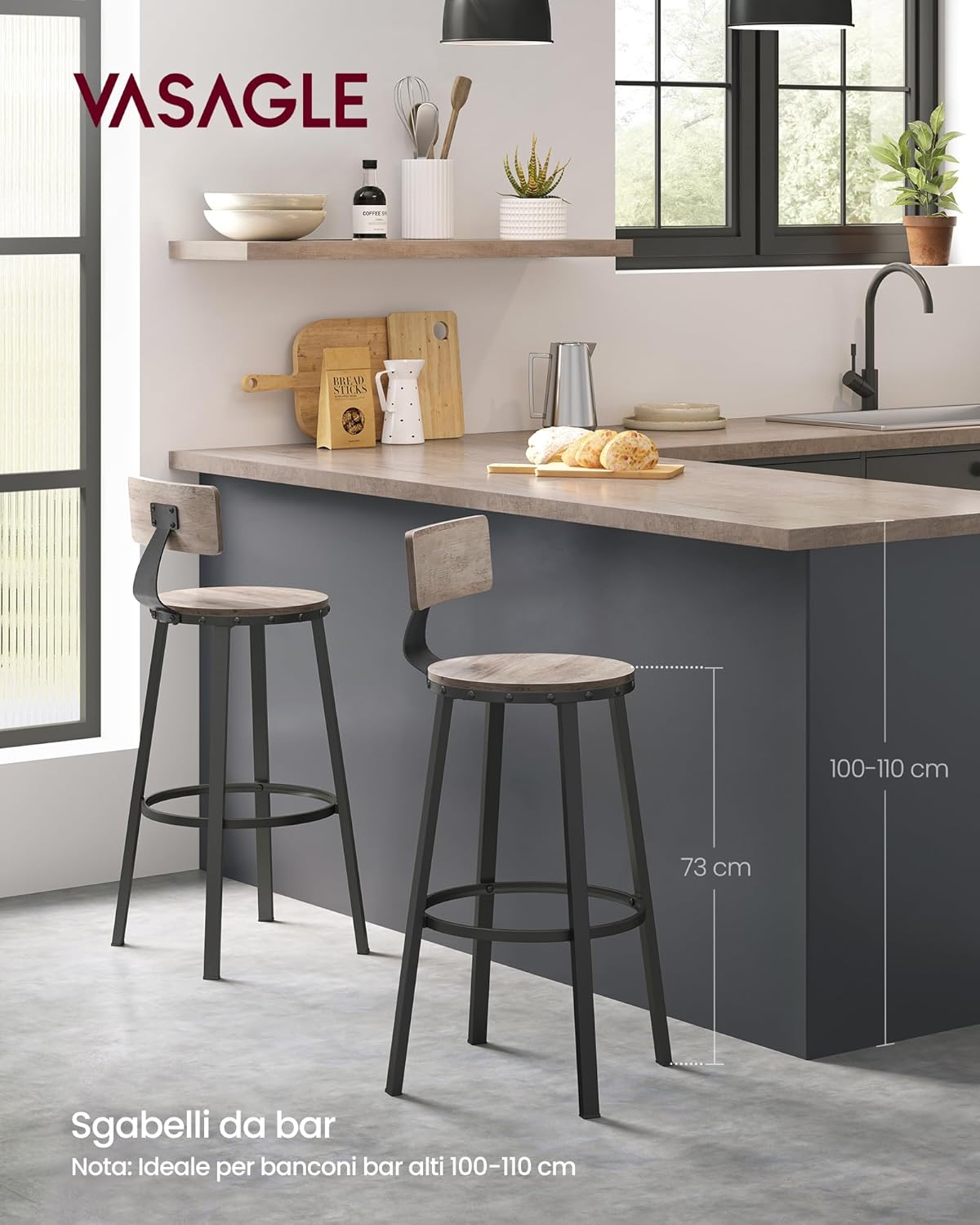 Detalle 2 de VASAGLE set di 2 sgabelli da bar LBC026B02 con schienale, altezza seduta 73 cm, greige e nero