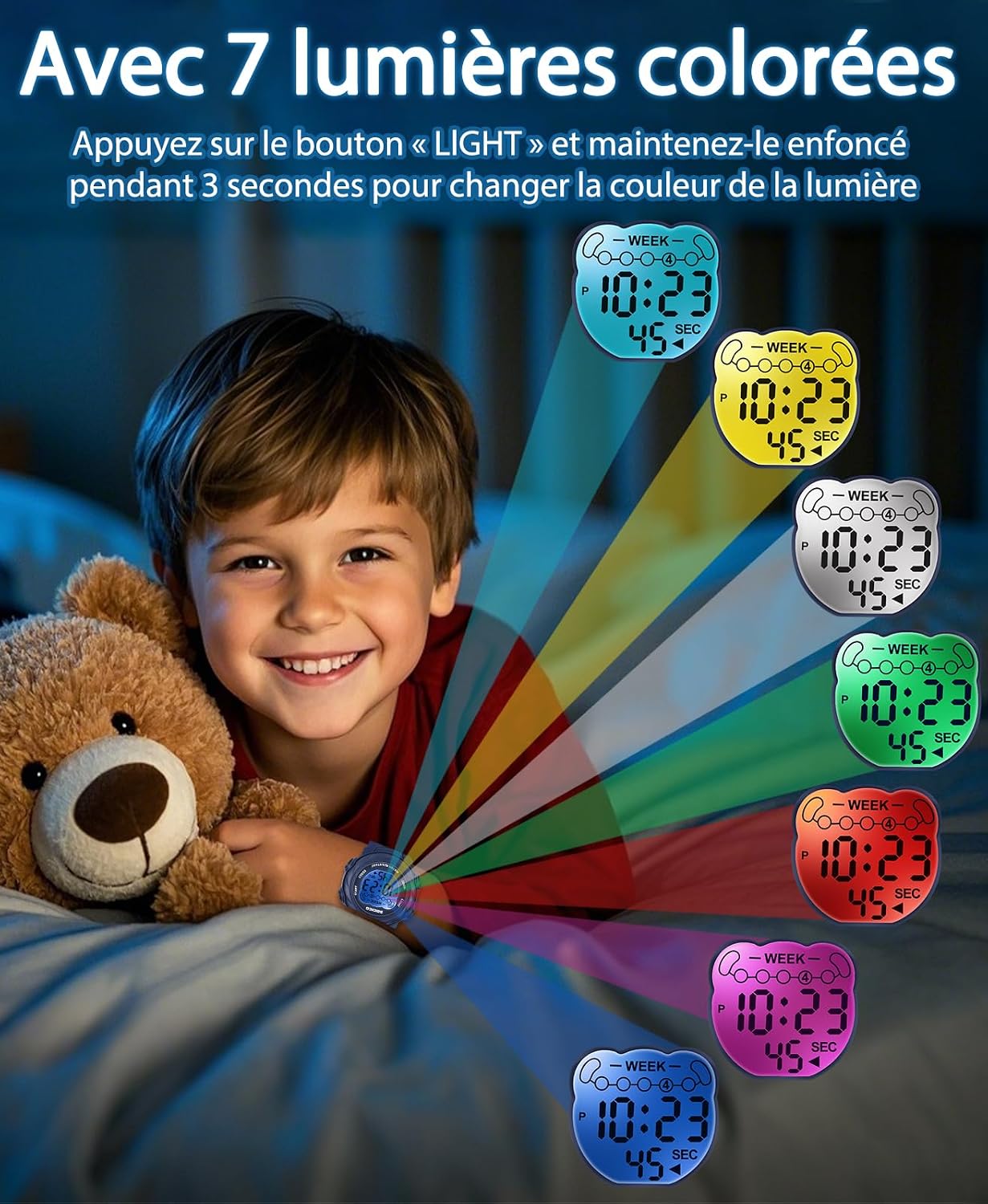 Detalle de SOCICO Montre numérique pour enfants — étanche 5ATM, 7 couleurs lumineuses et fonctions multipliables