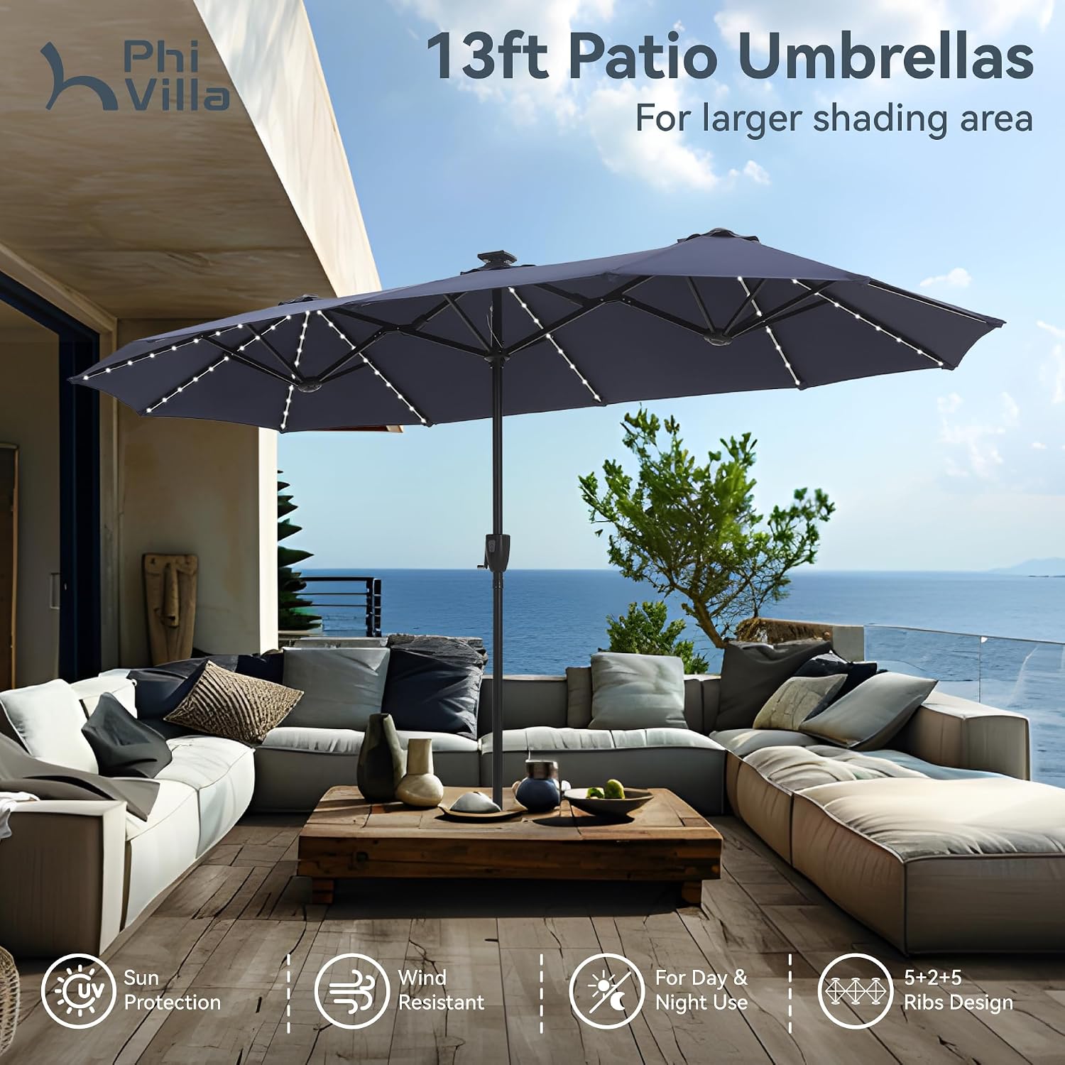 Detalle de PHI VILLA 3.8x2m Garden Parasol Umbrella with Crank for Outdoor Sun Protection