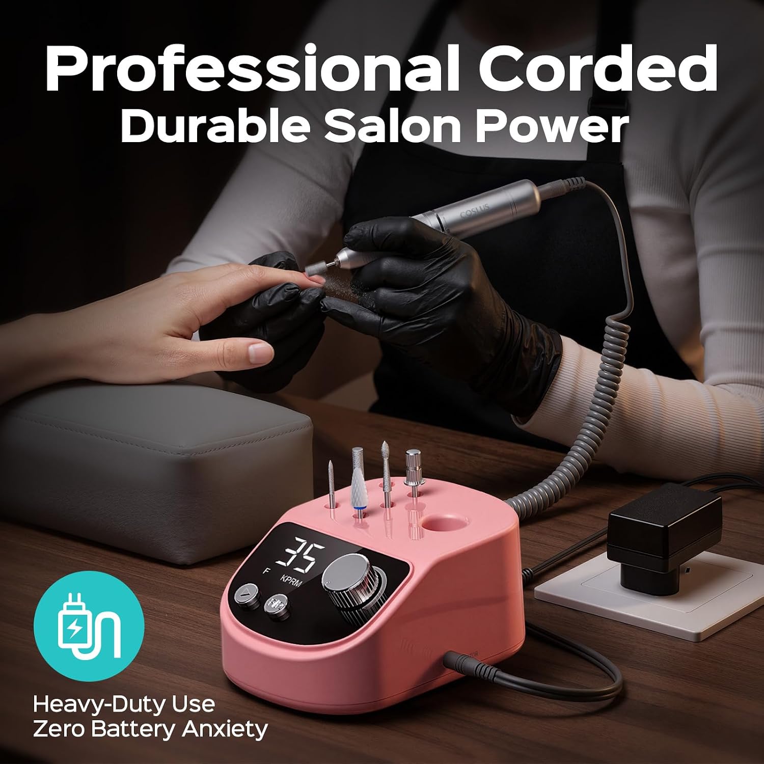Detalle de COSLUS E50 Professional Electric Nail Drill File — 35000 RPM, LED Display, for Acrylic, Gel & Natural Nails