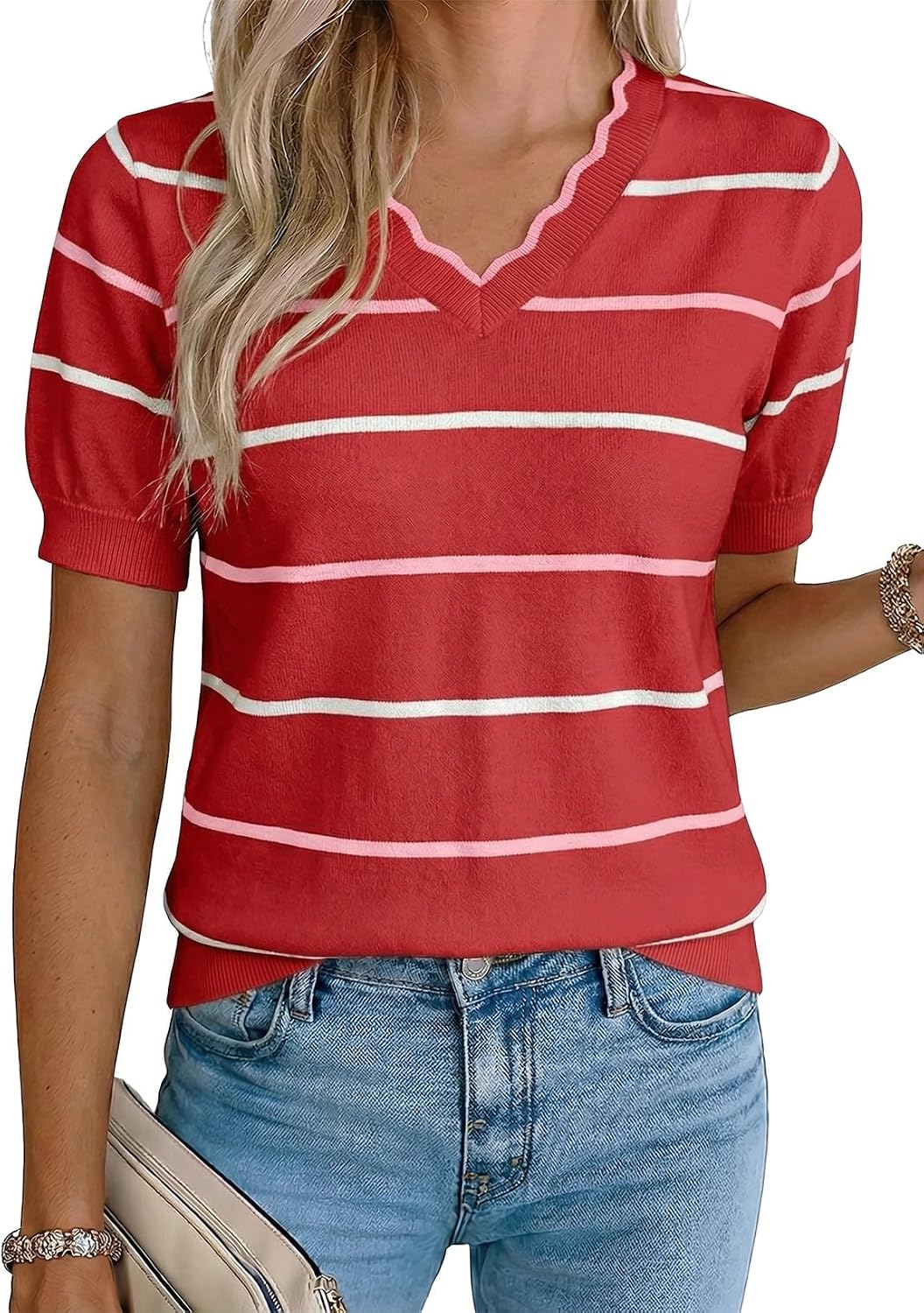 Detalle de Dokotoo Womens Summer Short Sleeve Knit Tops – V-Neck Striped Casual Blouse