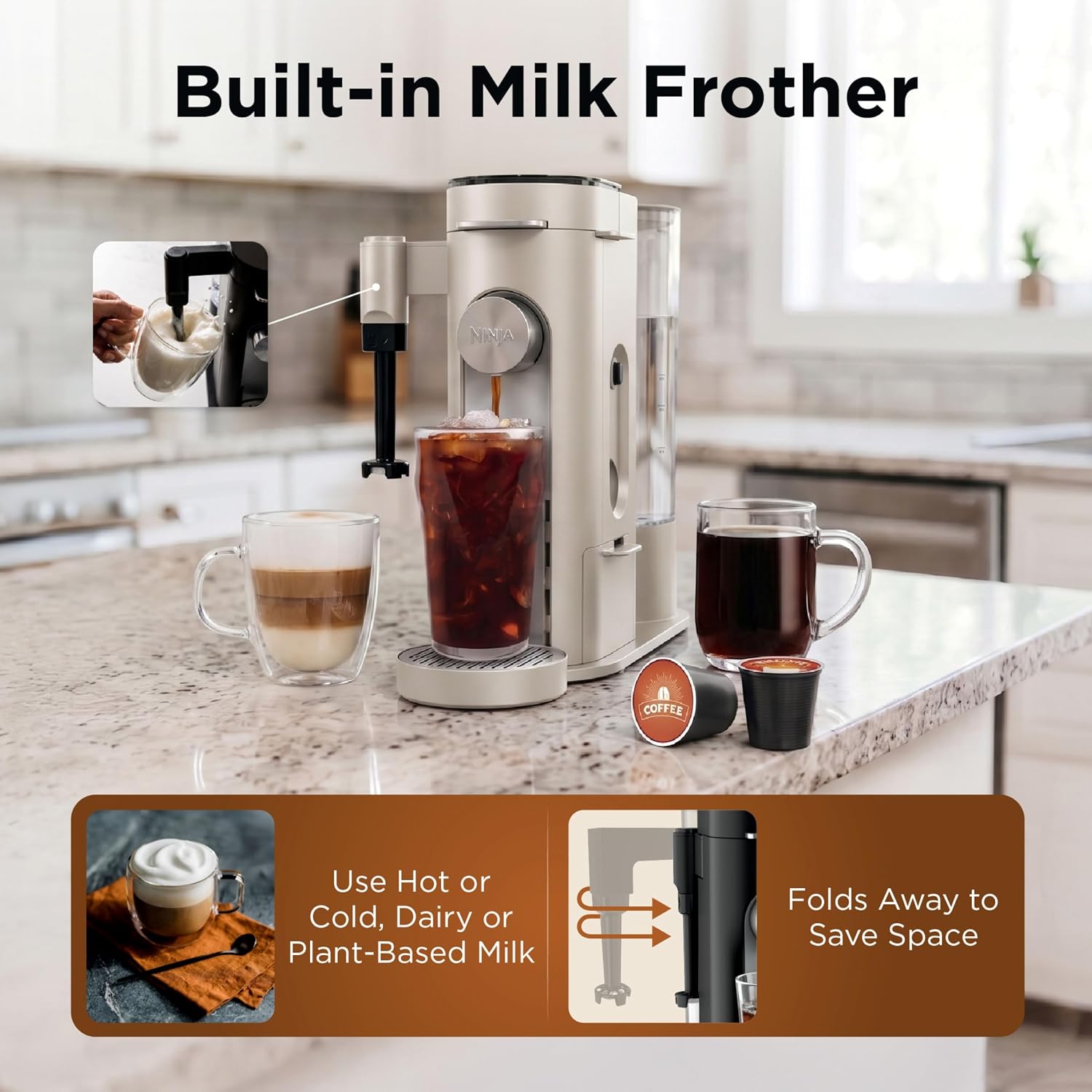 Detalle de Ninja Pod & Grounds: Compact Single-Serve Coffee Maker with Built-In Frother