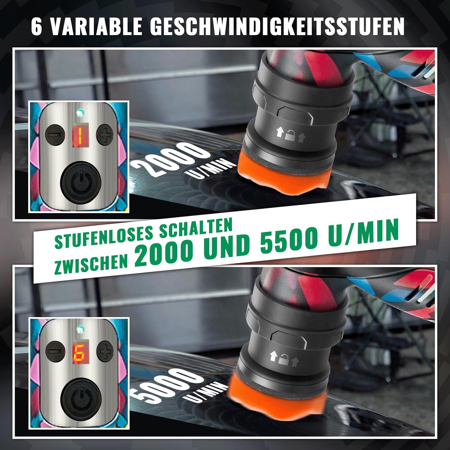 Detalle de BATOCA S5 Akku Mini-Poliermaschine – Rotations- und Exzentersystem mit 2 Akkus und 25/50/75 mm Pads