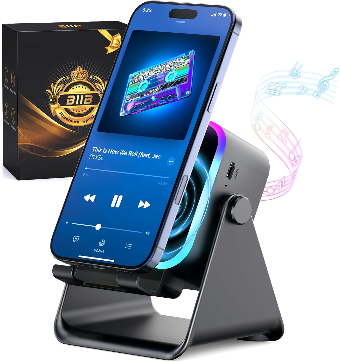 Detalle de BIIB Vatertagsgeschenk für Papa – 6-in-1 Induktions-Bluetooth-Lautsprecher mit 360°-Handyhalter, RGB-Licht und Ladefunktion